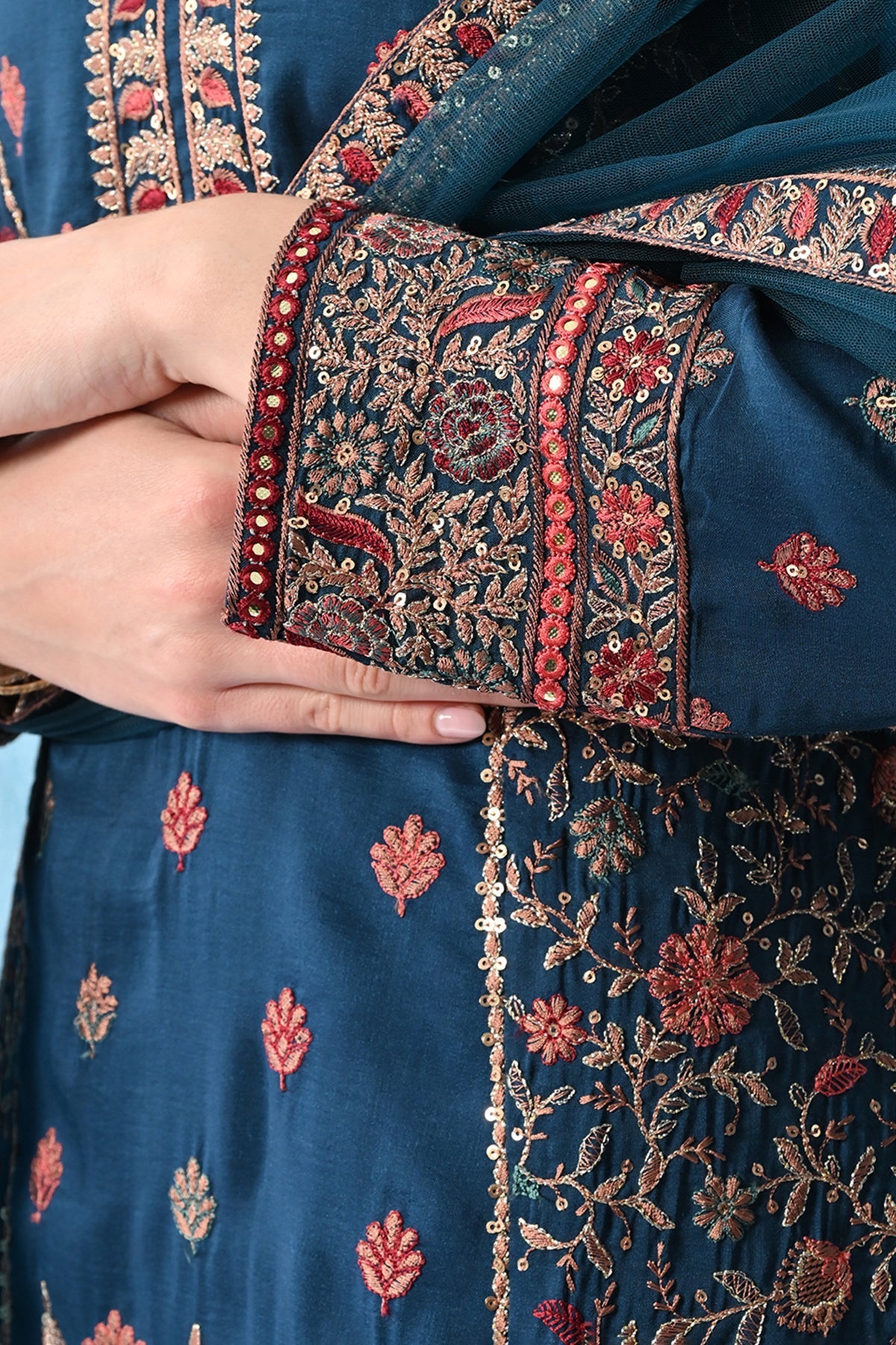 Teal Zari-Embroidered Kurta 3 Pcs Set
