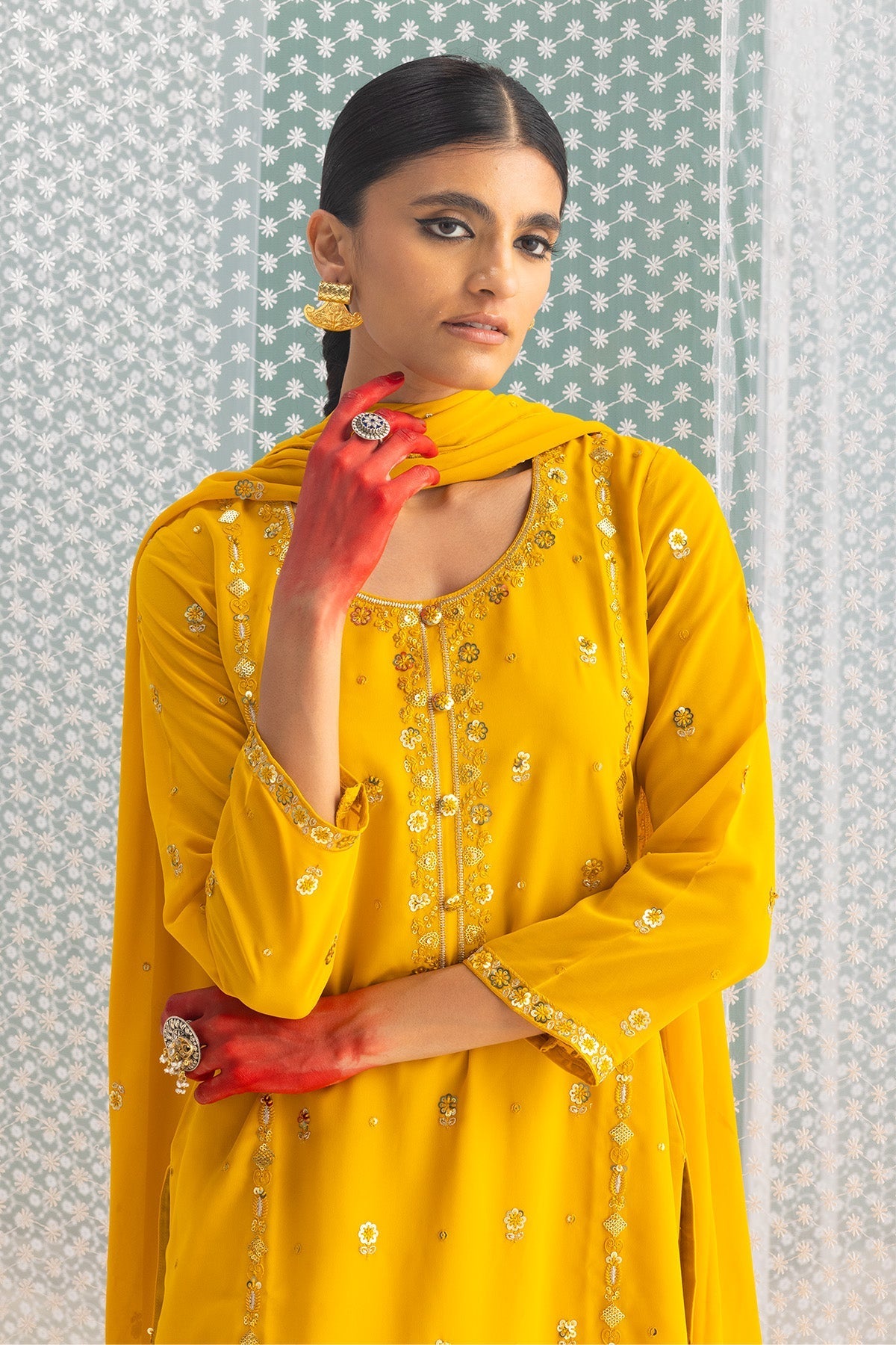 Mustard Embellished Straight Kurta 3 Pcs Set