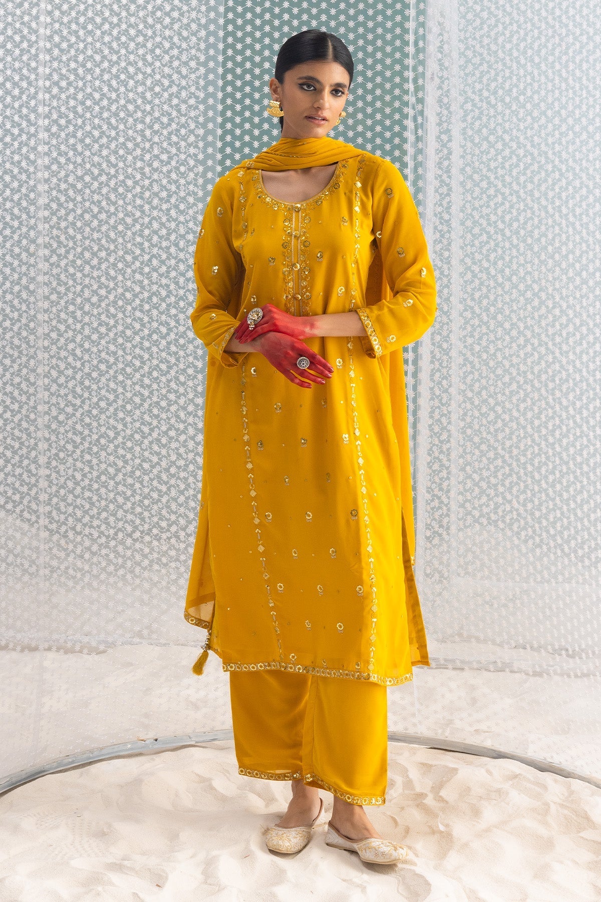 Mustard Embellished Straight Kurta 3 Pcs Set
