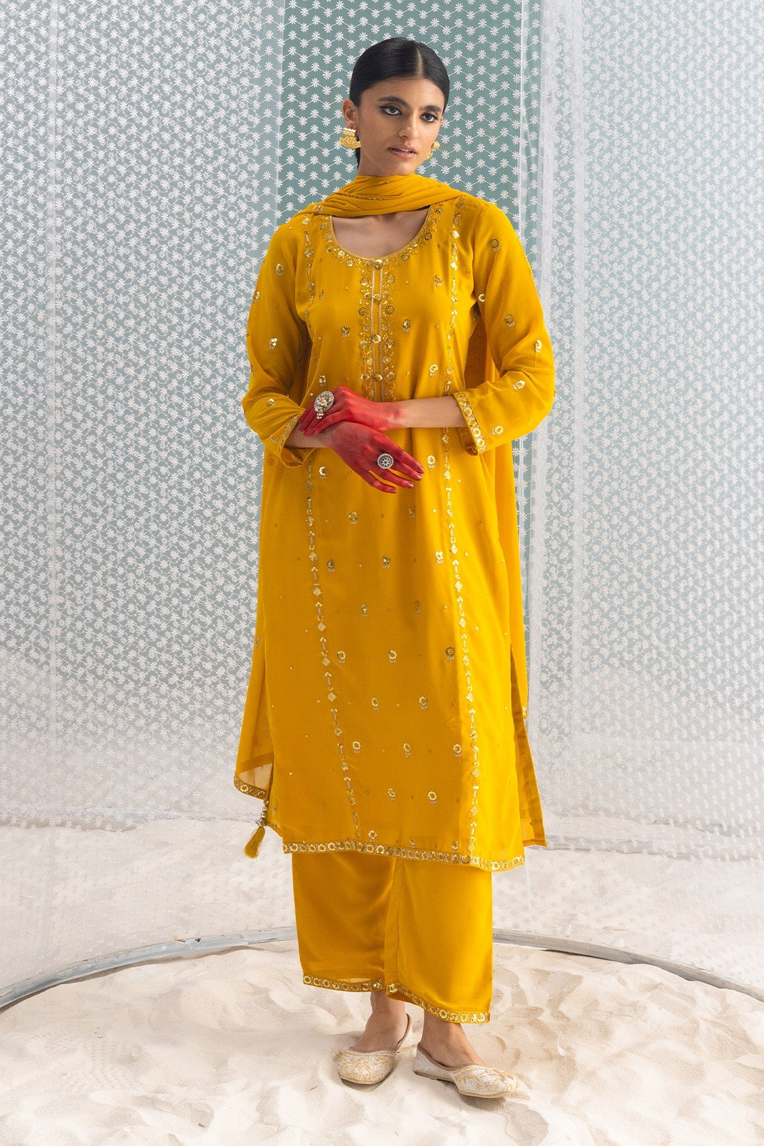Mustard Embellished Straight Kurta 3 Pcs Set