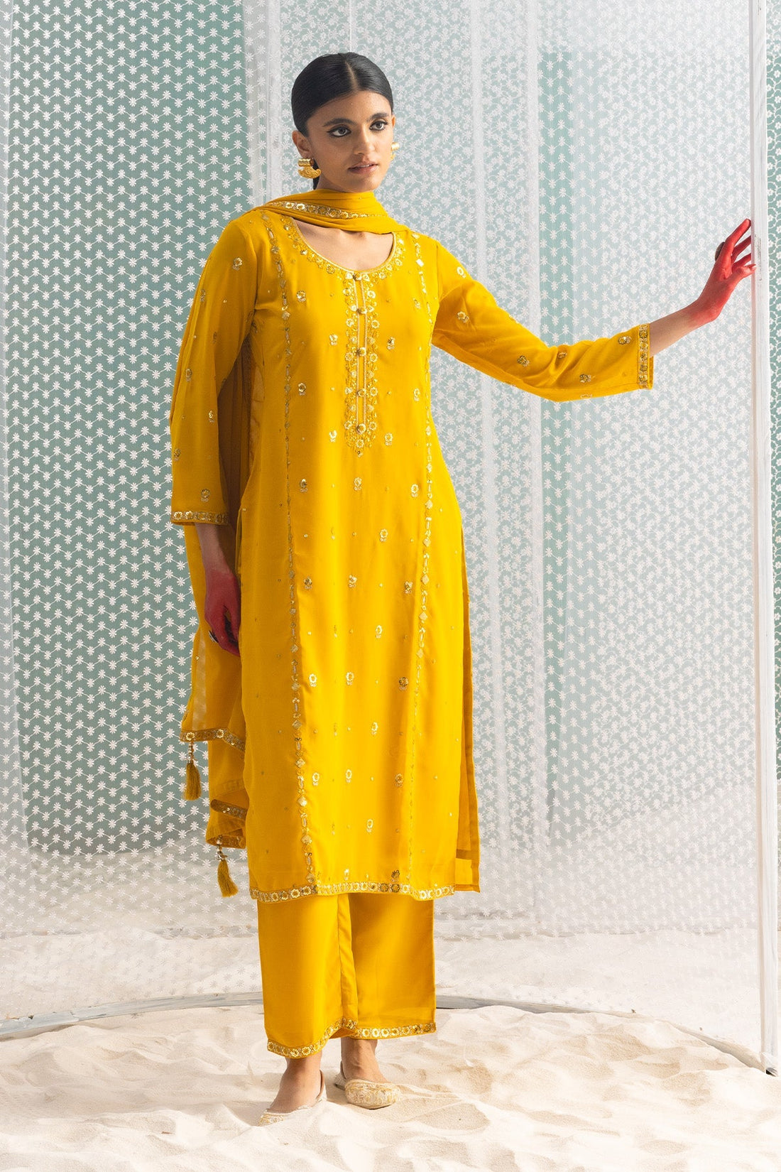 Mustard Embellished Straight Kurta 3 Pcs Set
