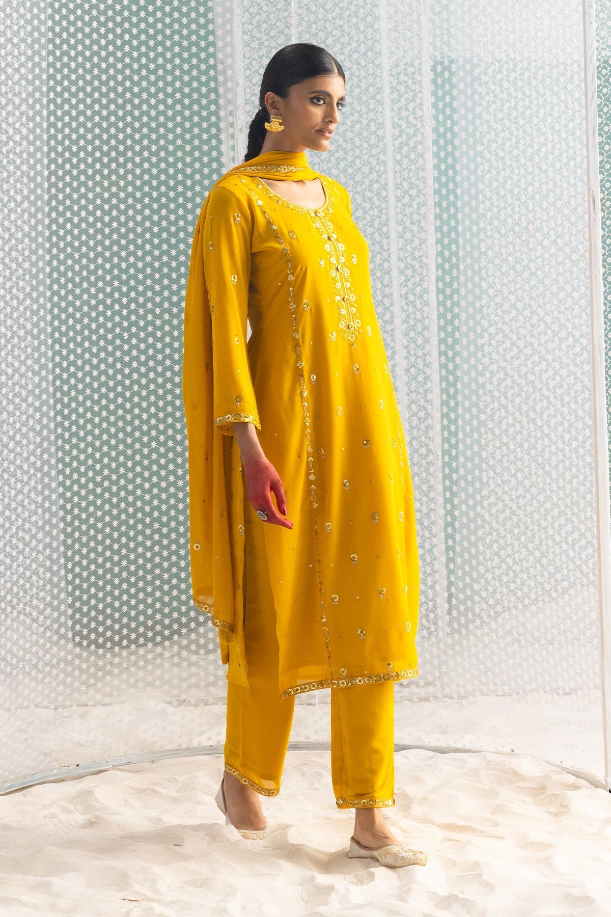 Mustard Embellished Straight Kurta 3 Pcs Set