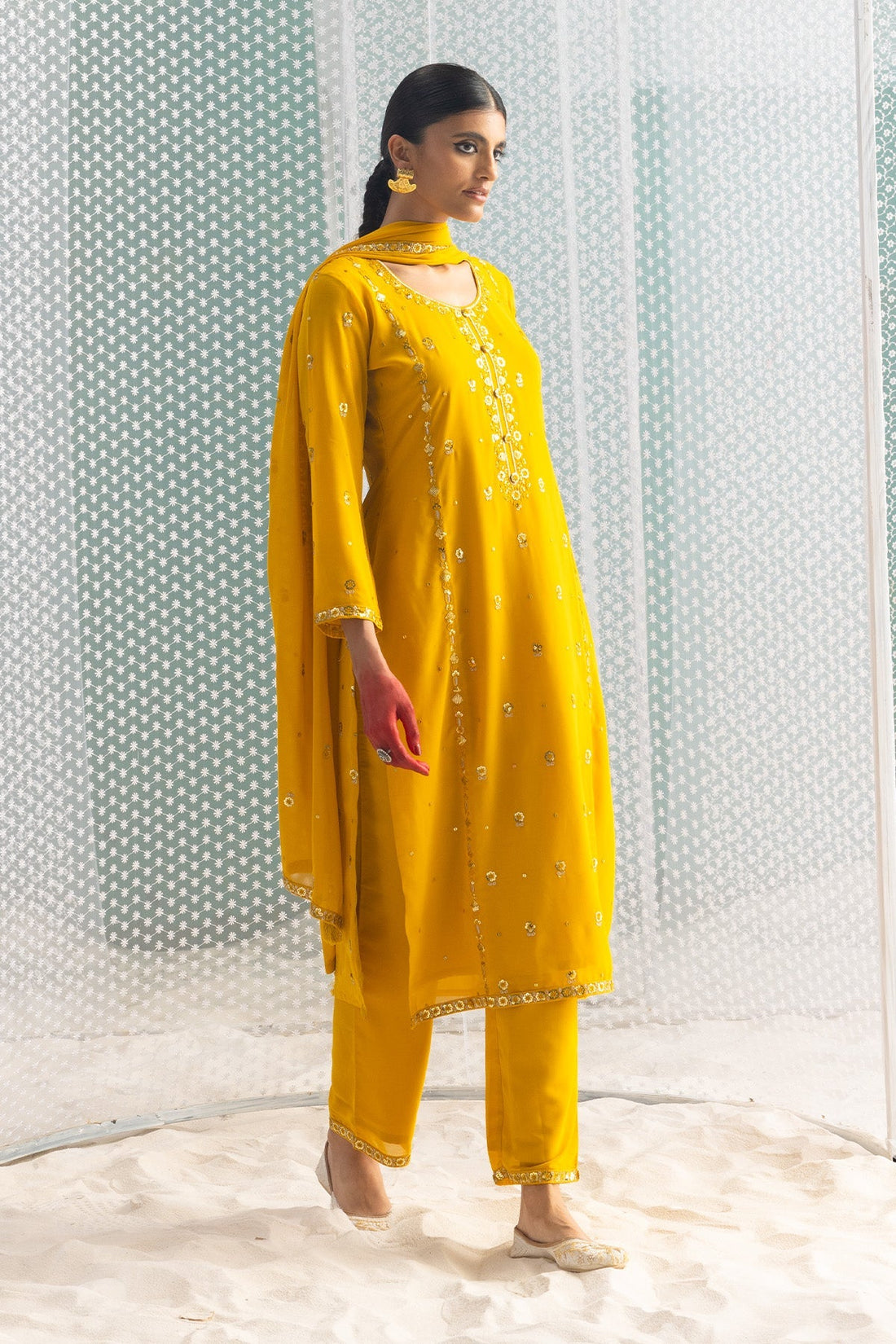 Mustard Embellished Straight Kurta 3 Pcs Set