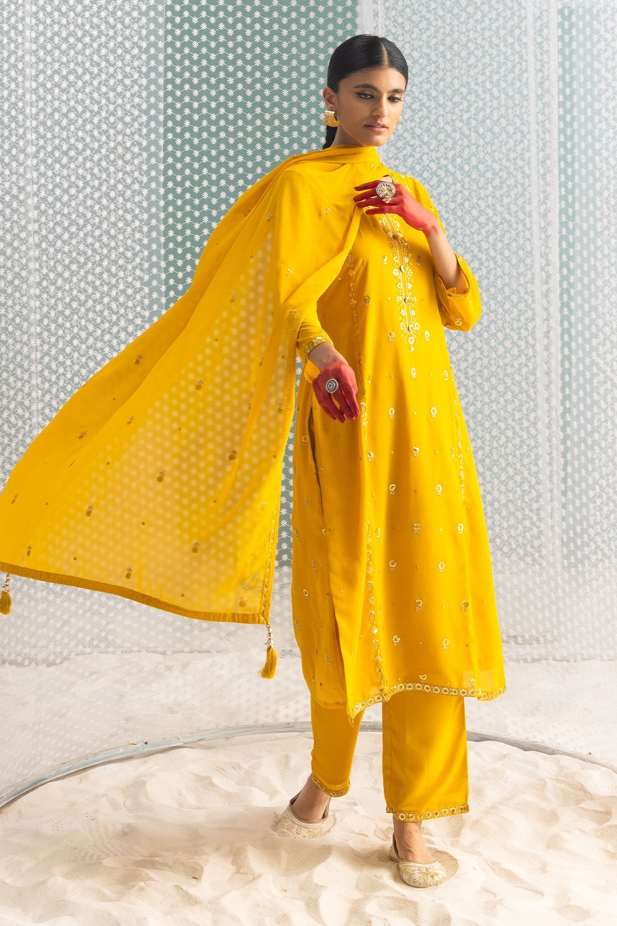 Mustard Embellished Straight Kurta 3 Pcs Set