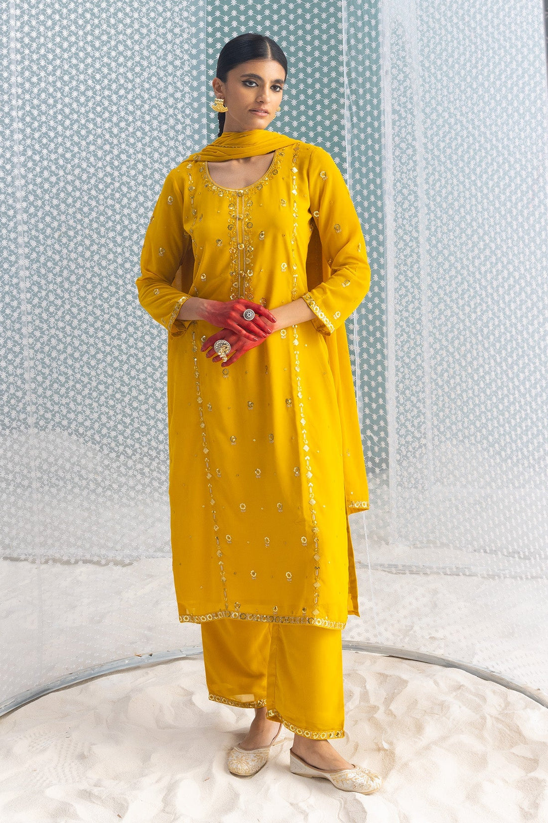 Mustard Embellished Straight Kurta 3 Pcs Set