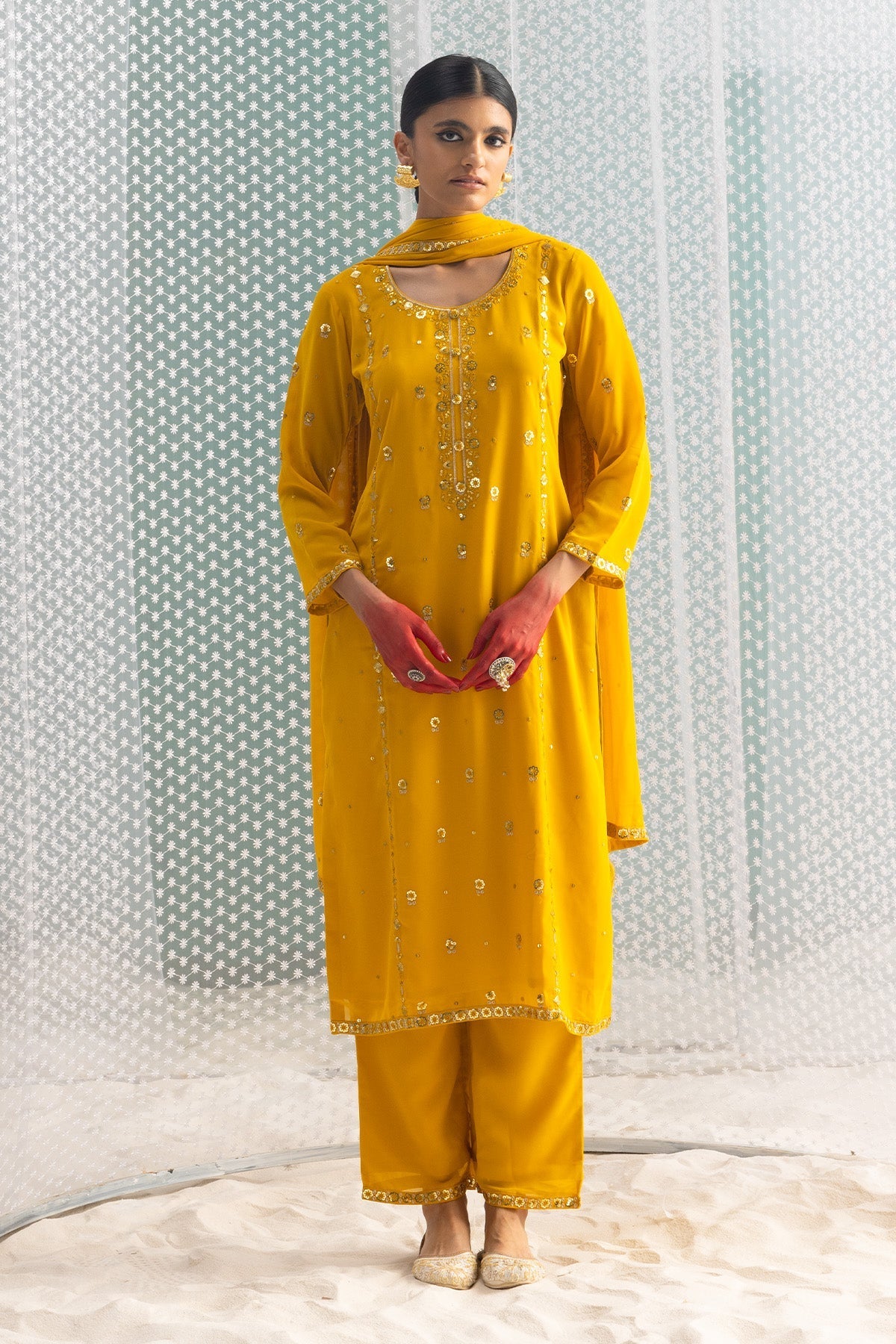 Mustard Embellished Straight Kurta 3 Pcs Set