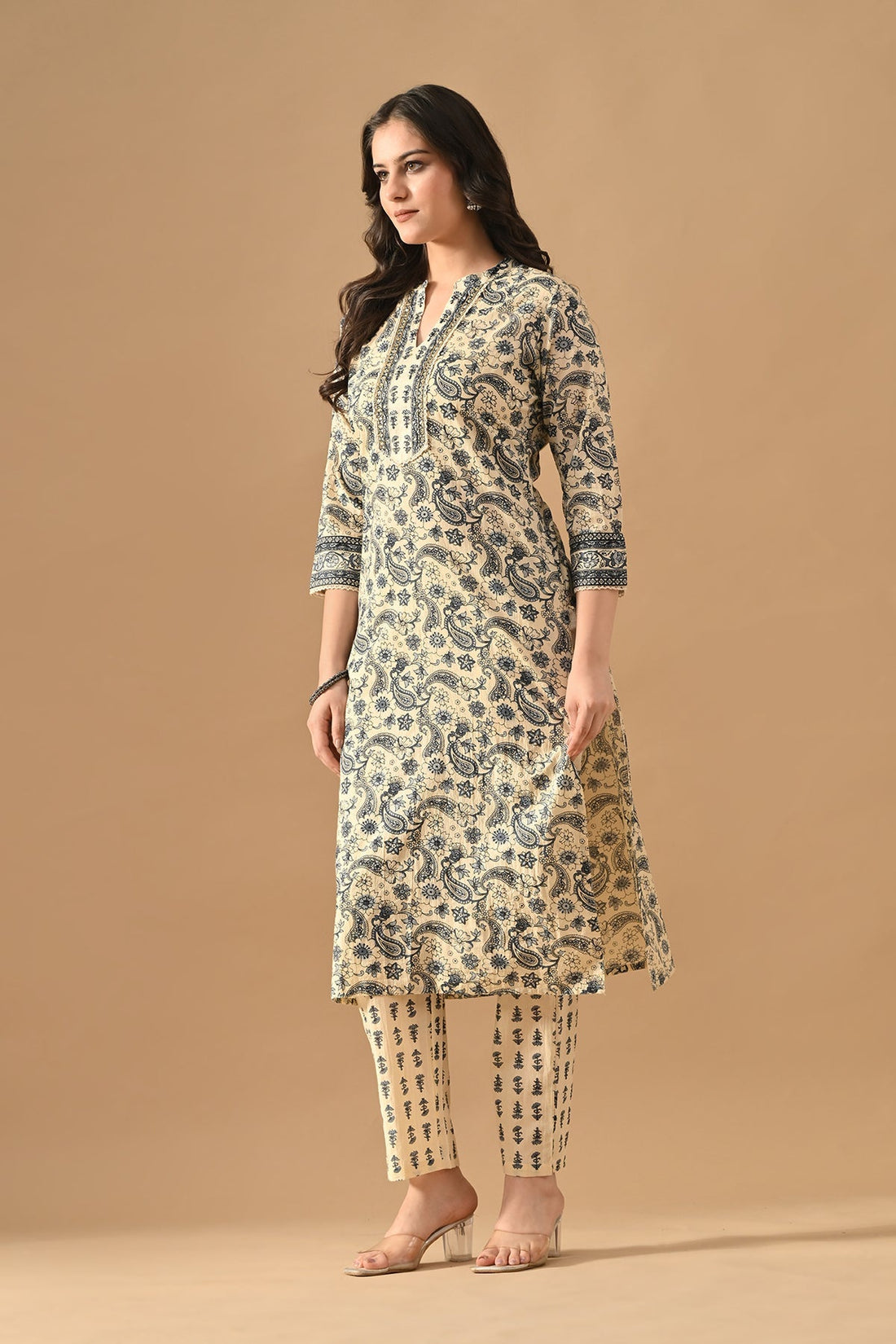Cream Printed Kurta 2 Pcs Set