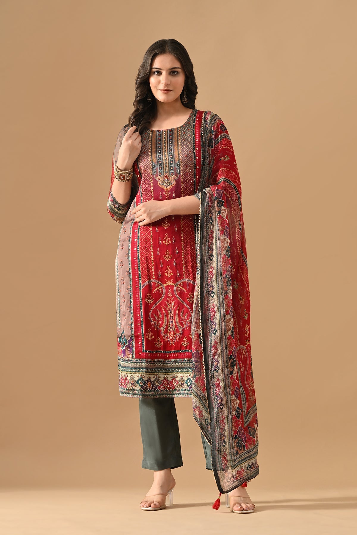 Grey Embellished Kurta 3 Pcs Set