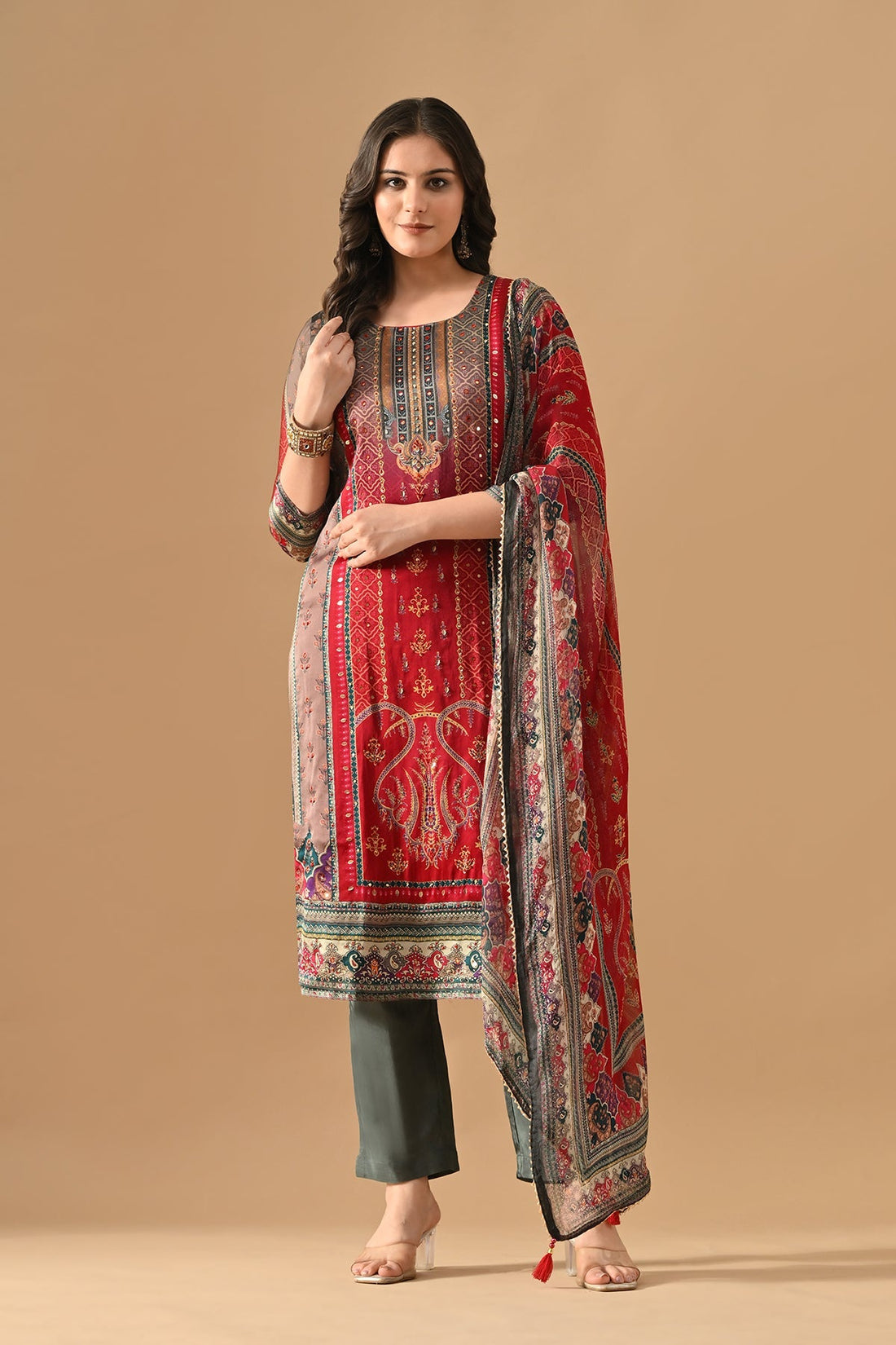 Grey Embellished Kurta 3 Pcs Set