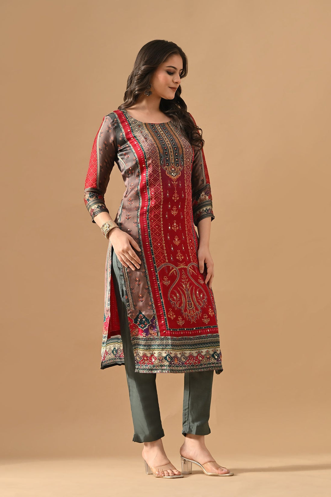 Grey Embellished Kurta 3 Pcs Set