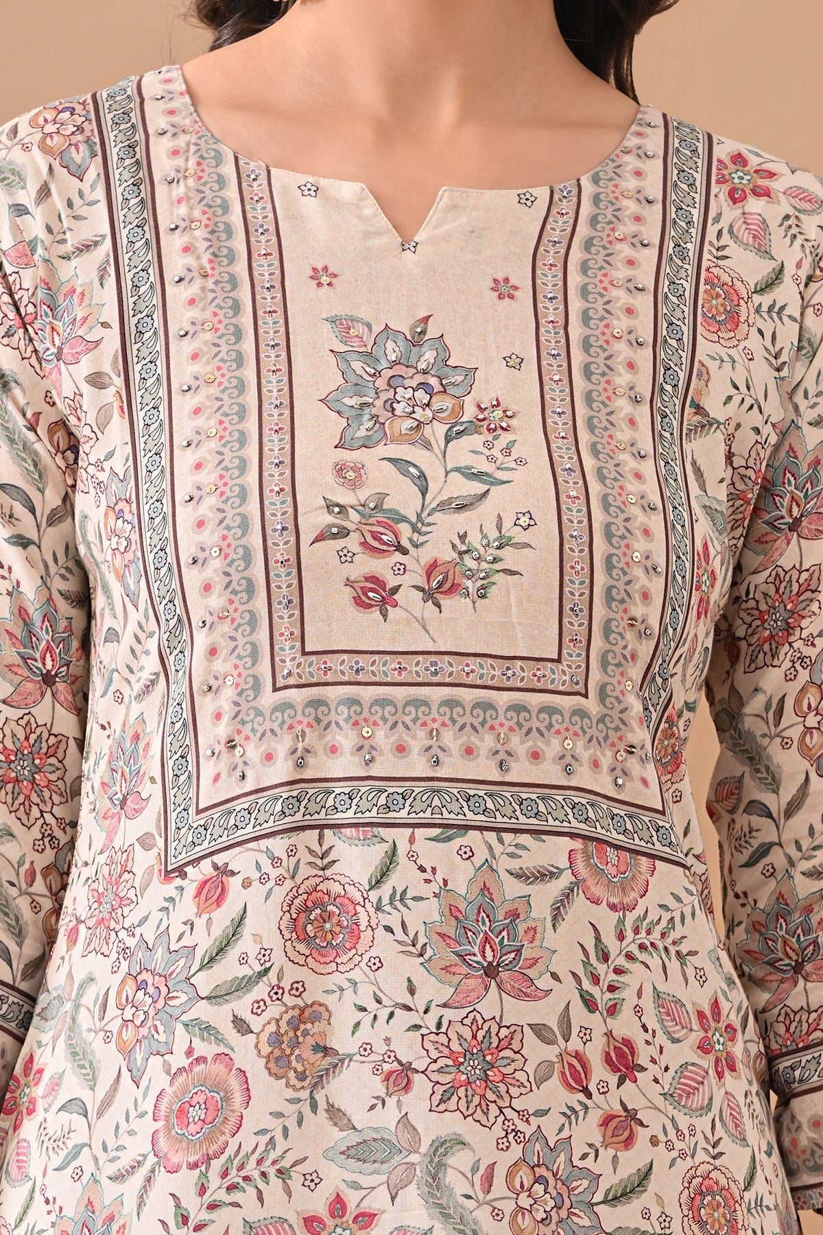 Cream Printed Straight Kurta