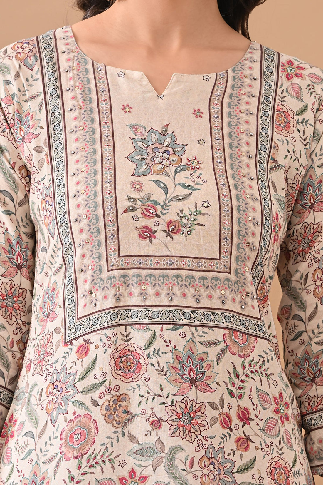 Cream Printed Straight Kurta