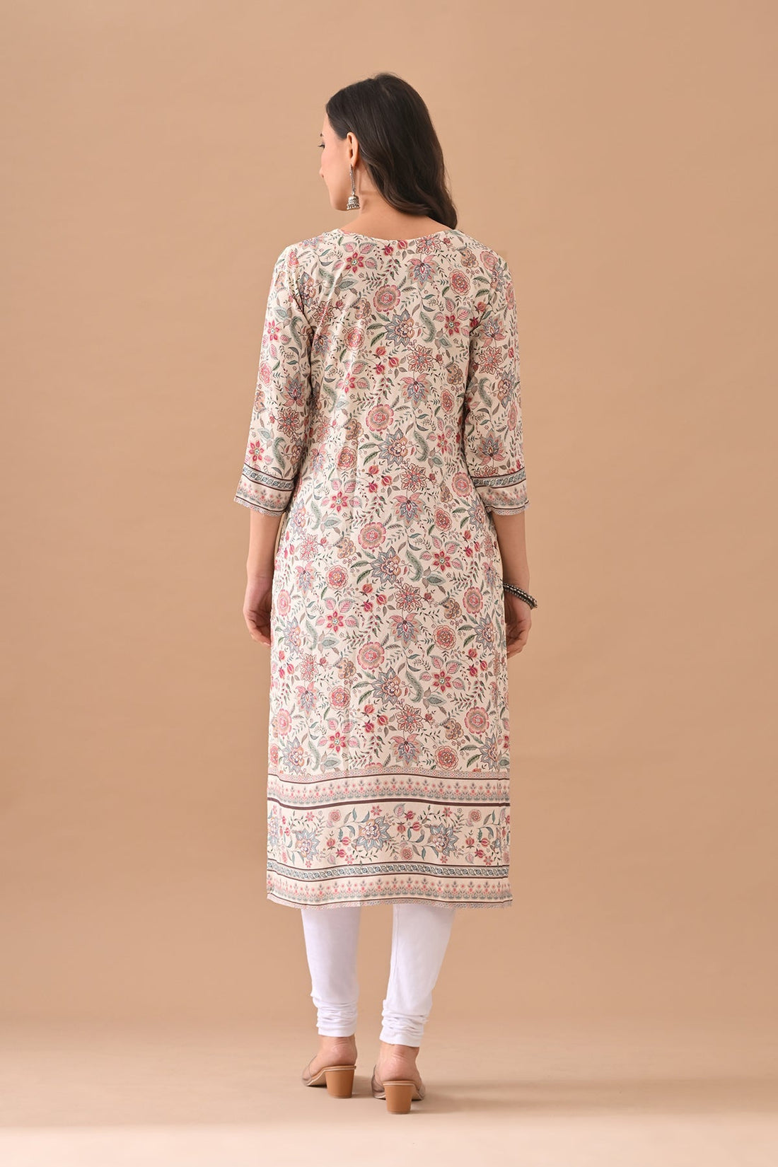 Cream Printed Straight Kurta