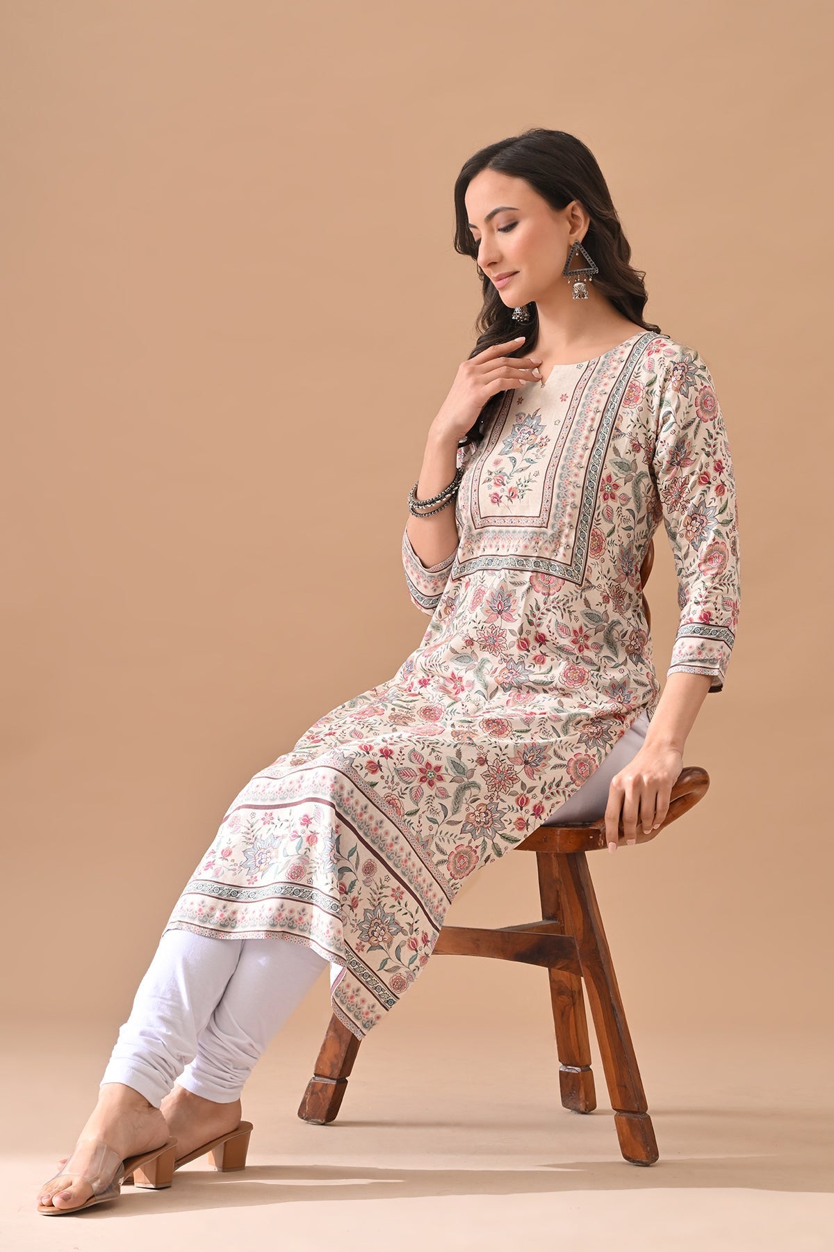 Cream Printed Straight Kurta