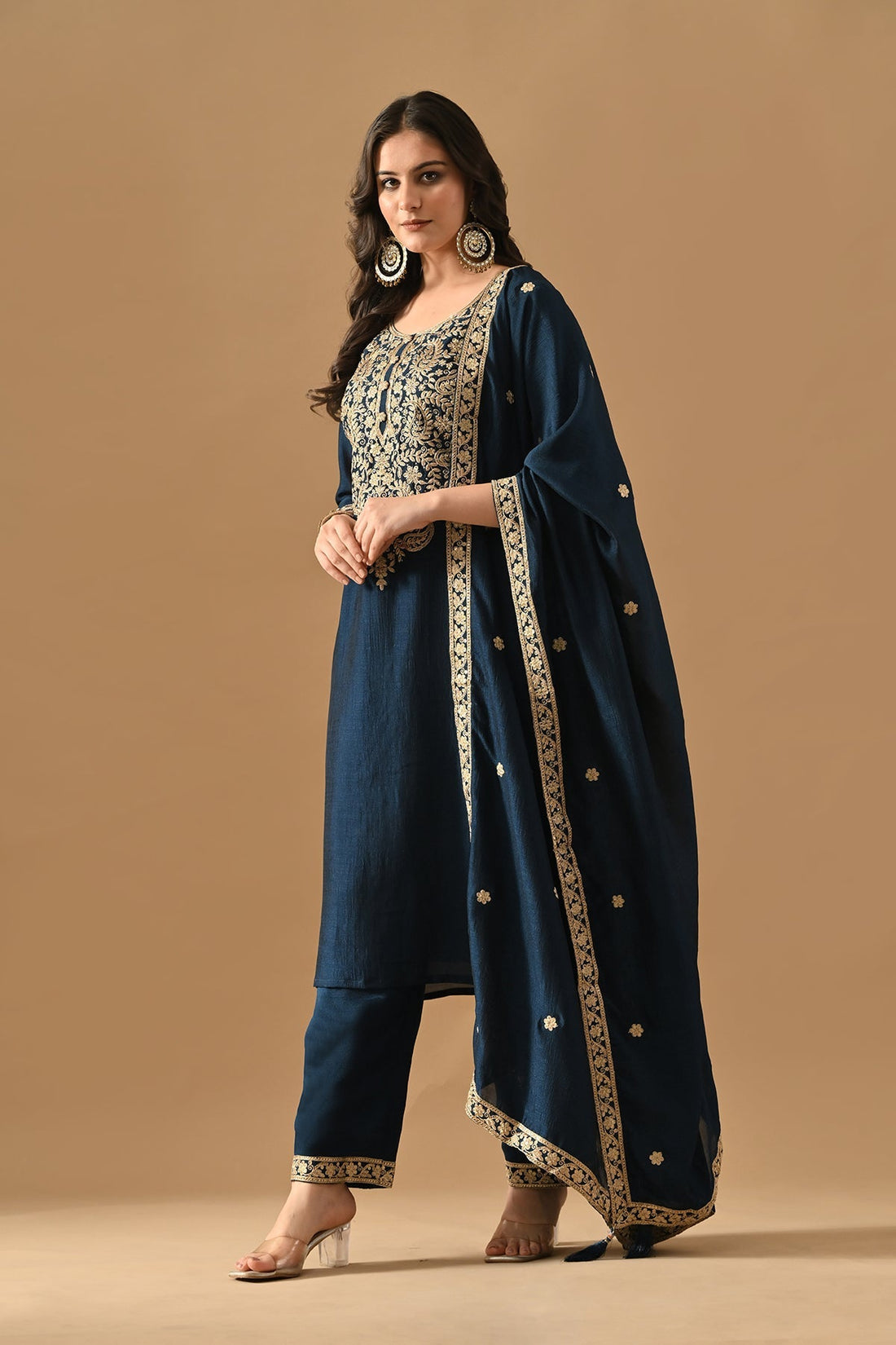Teal Embroidered Kurta 3 Pcs Set