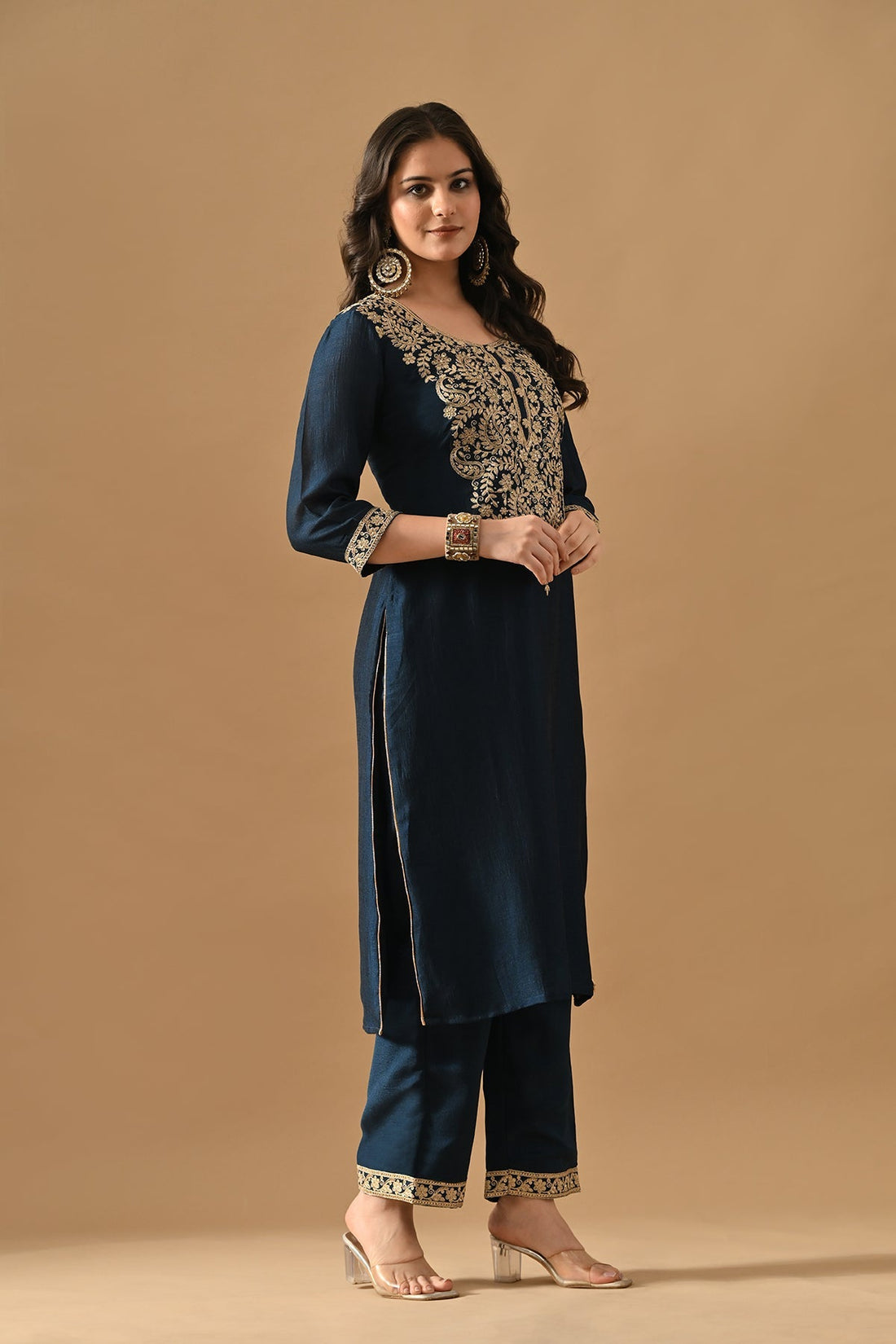Teal Embroidered Kurta 3 Pcs Set