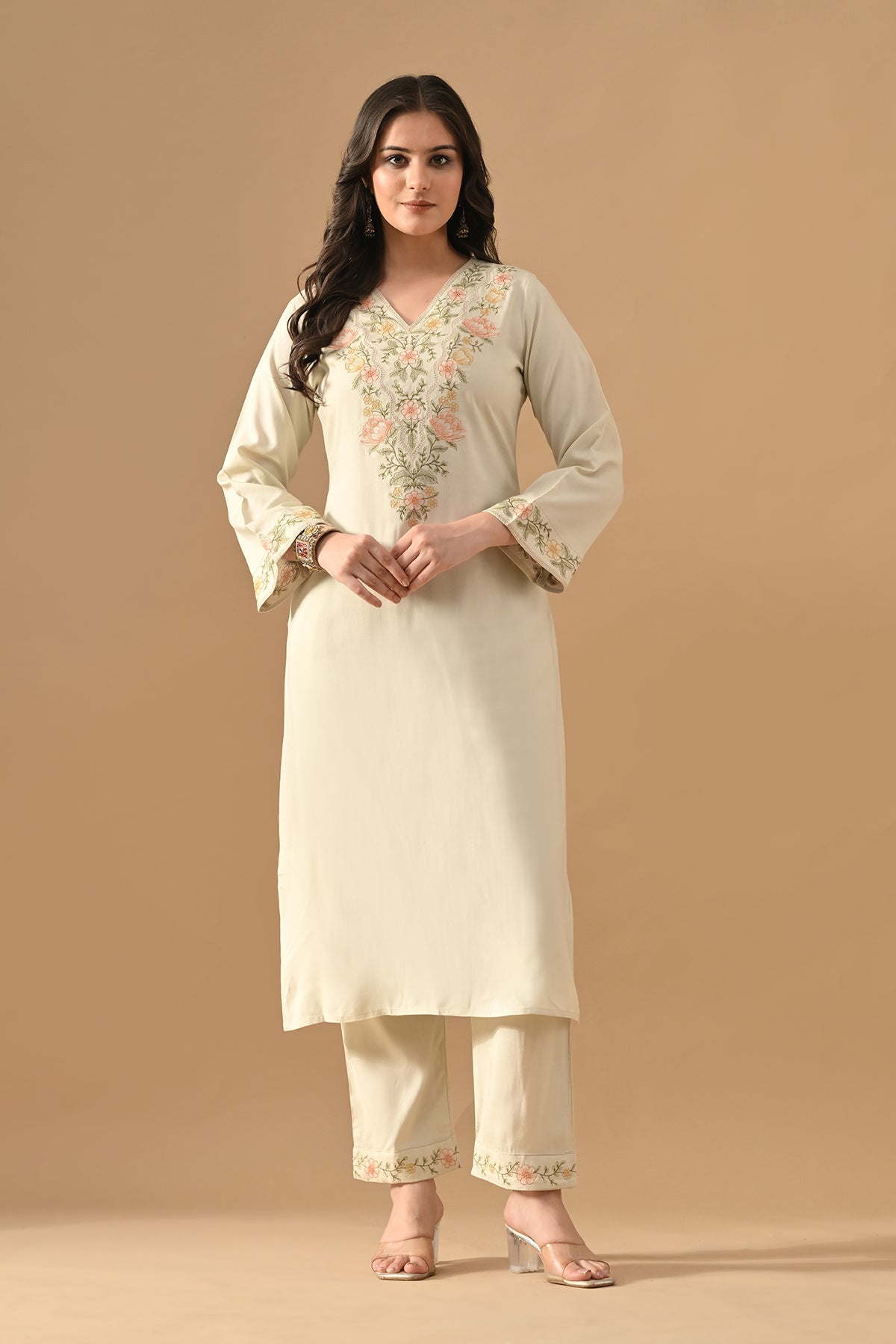 Cream Embroidered Kurta 2 Pcs Set