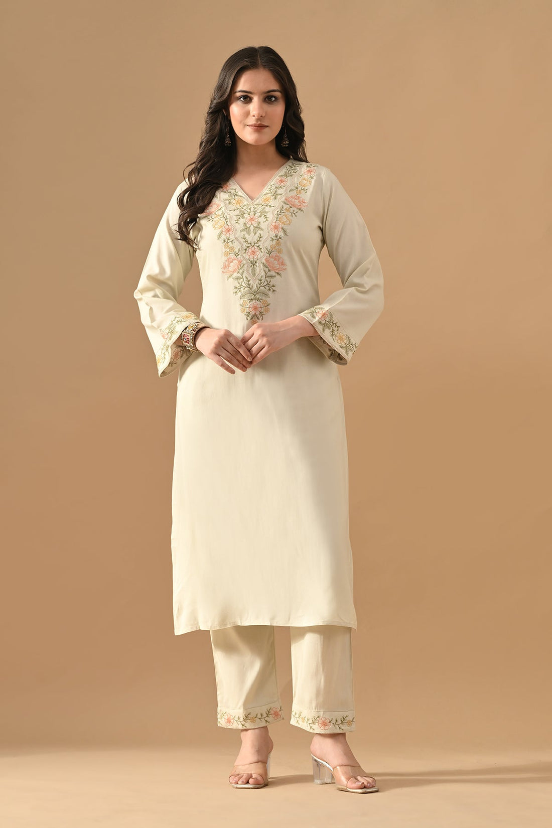 Cream Embroidered Kurta 2 Pcs Set