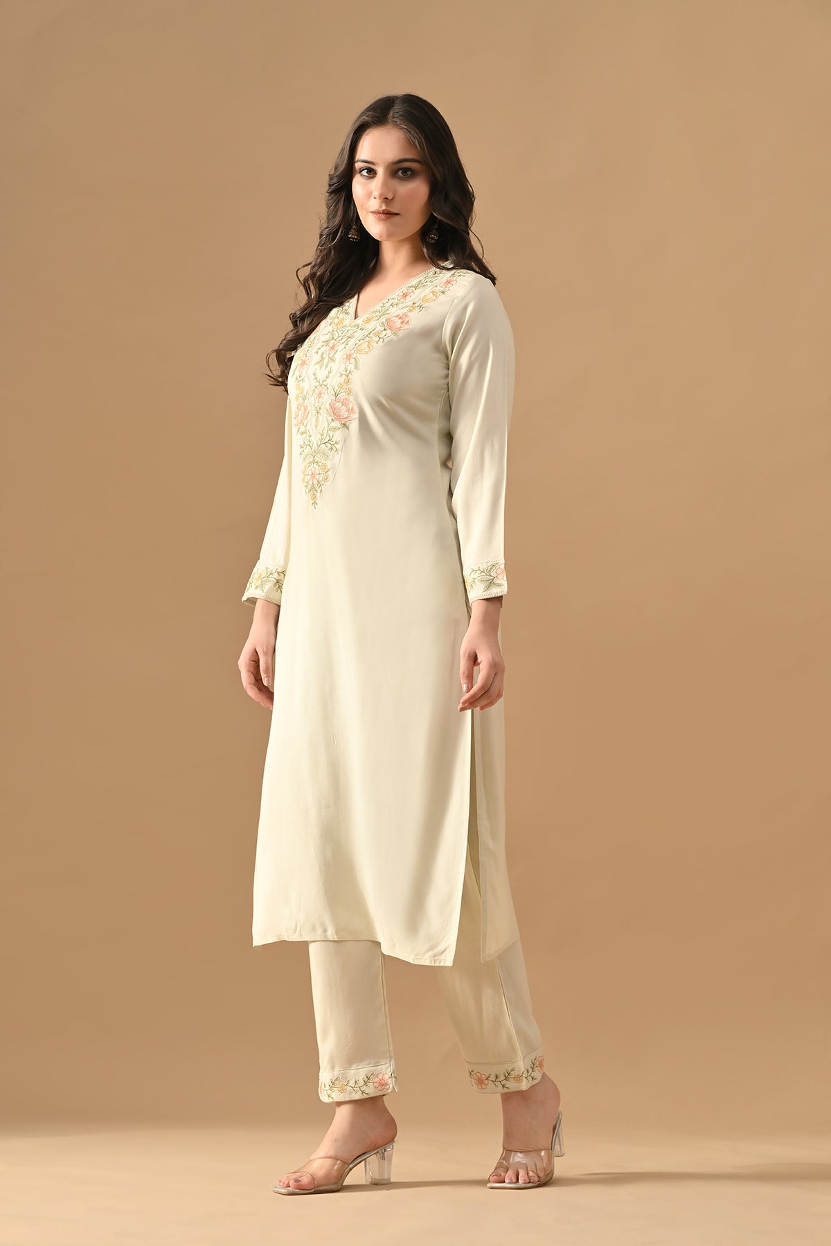 Cream Embroidered Kurta 2 Pcs Set
