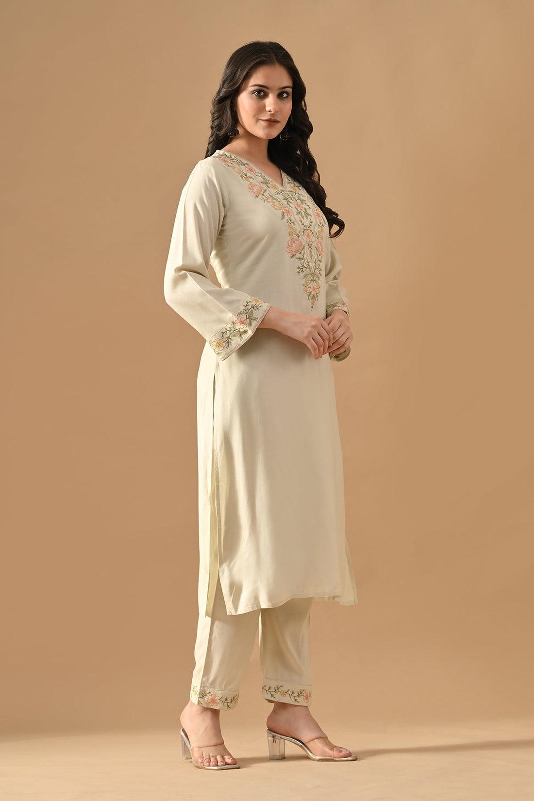 Cream Embroidered Kurta 2 Pcs Set