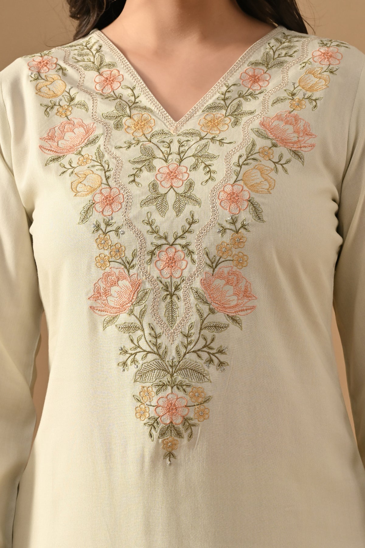 Cream Embroidered Kurta 2 Pcs Set