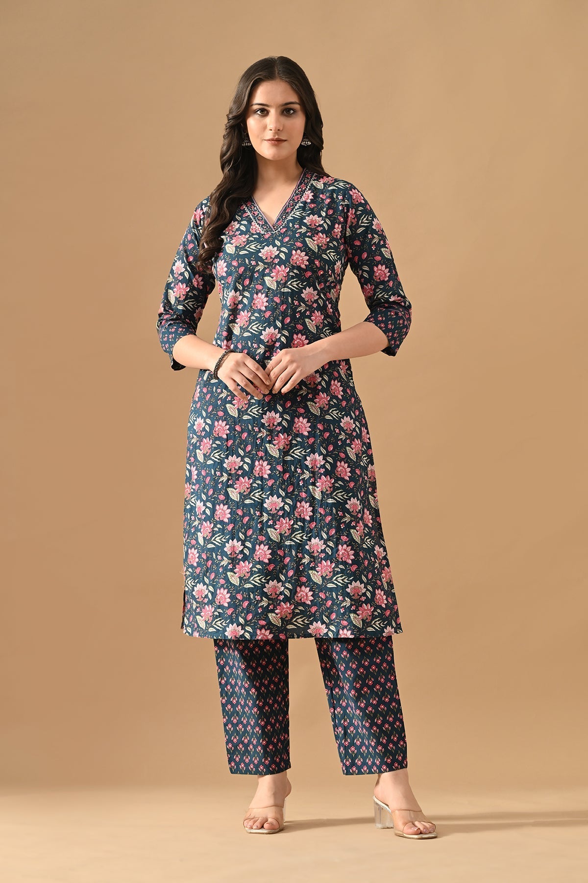 Blue Floral Printed Kurta 2 Pcs Set