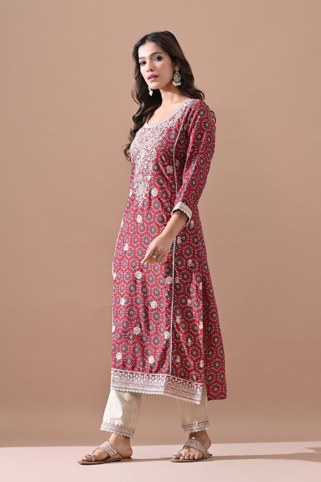 Maroon Embroidered Kurta 2 Pcs Set
