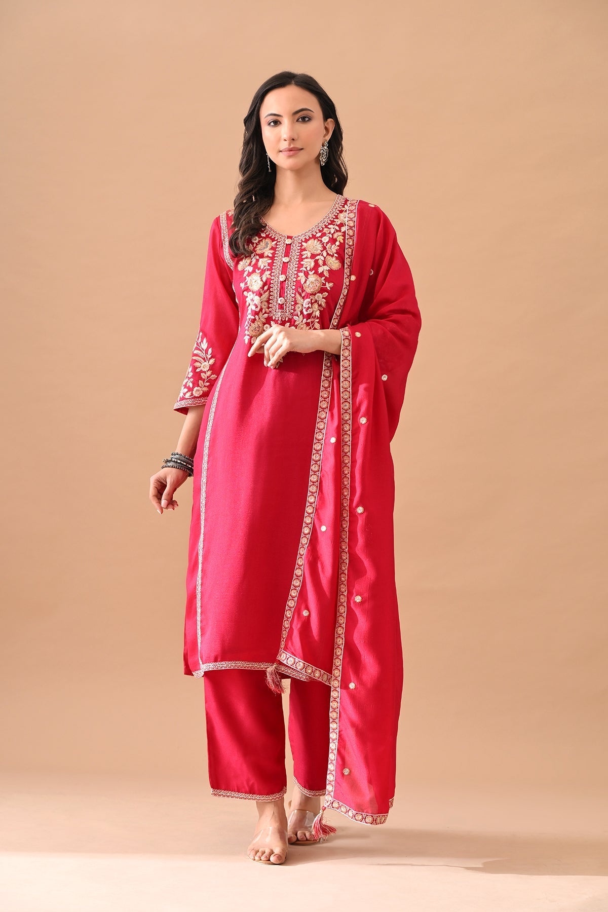 Magenta Embroidered Kurta 3 Pcs Set