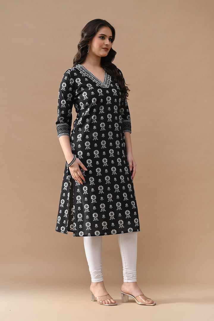 Black Printed Straight Kurta