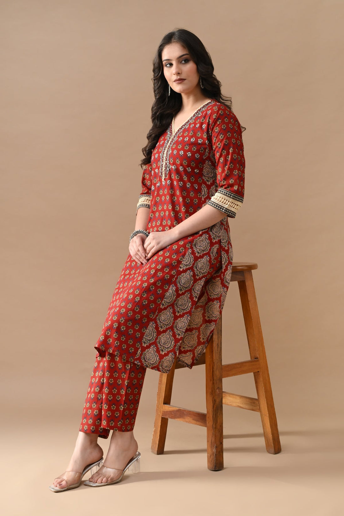 Maroon Floral Printed Kurta 2 Pcs Set
