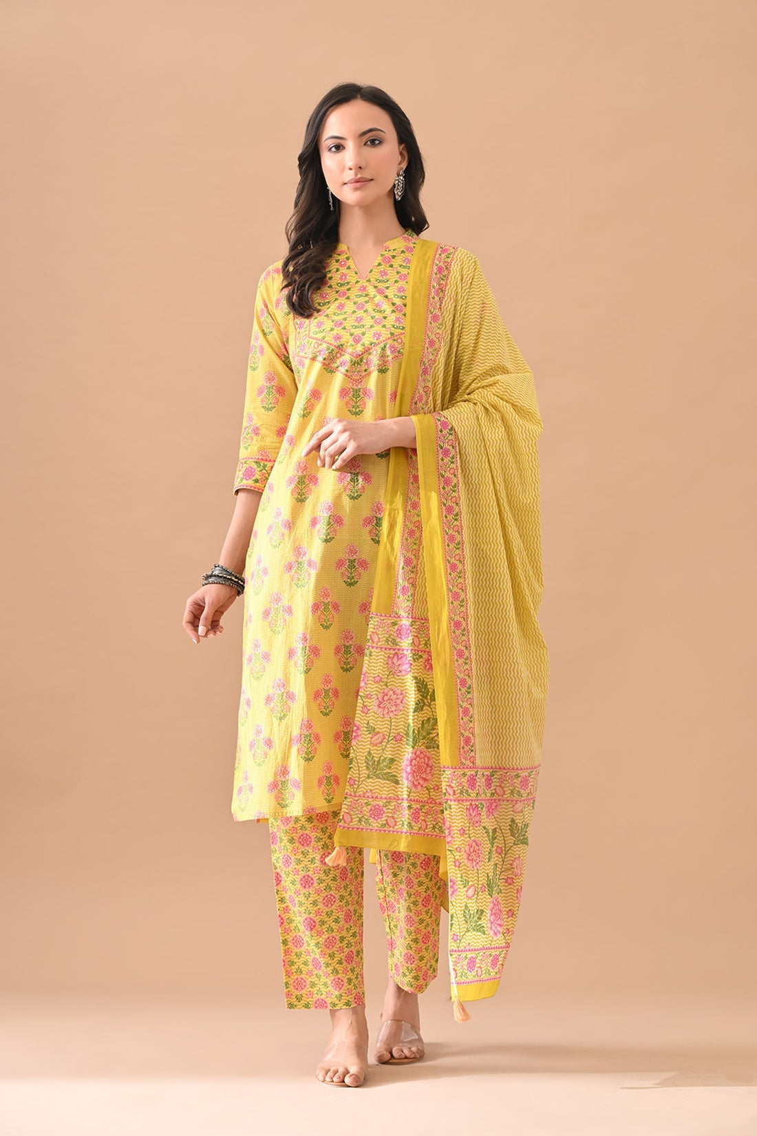 Yellow Floral Printed Kurta 3 Pcs Set