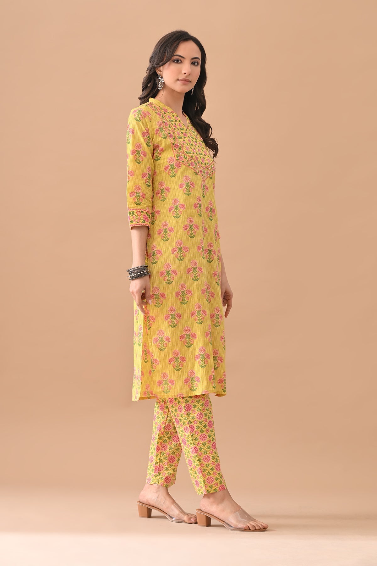 Yellow Floral Printed Kurta 3 Pcs Set