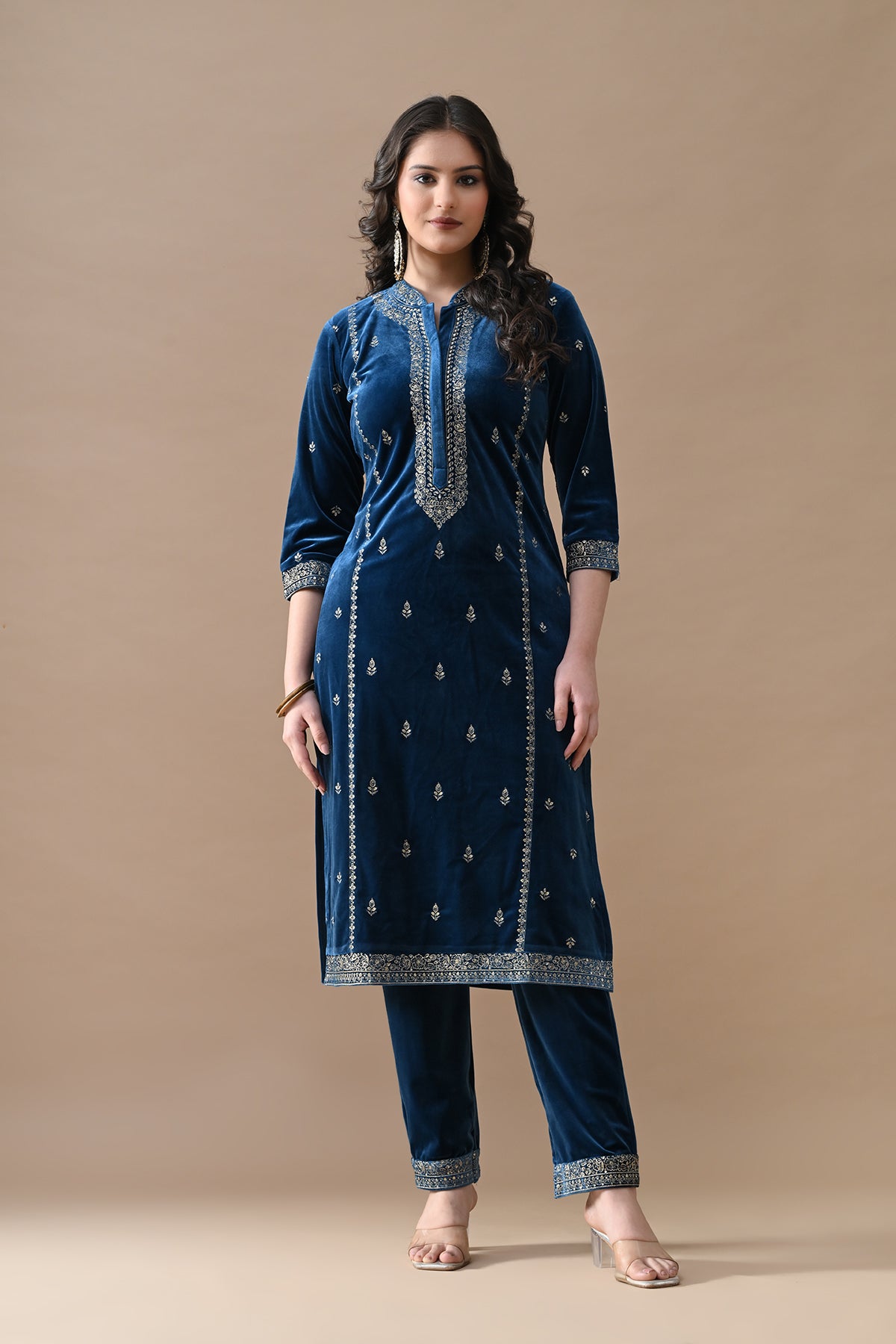 Teal Zari Embroidered Kurta 3 Pcs Set