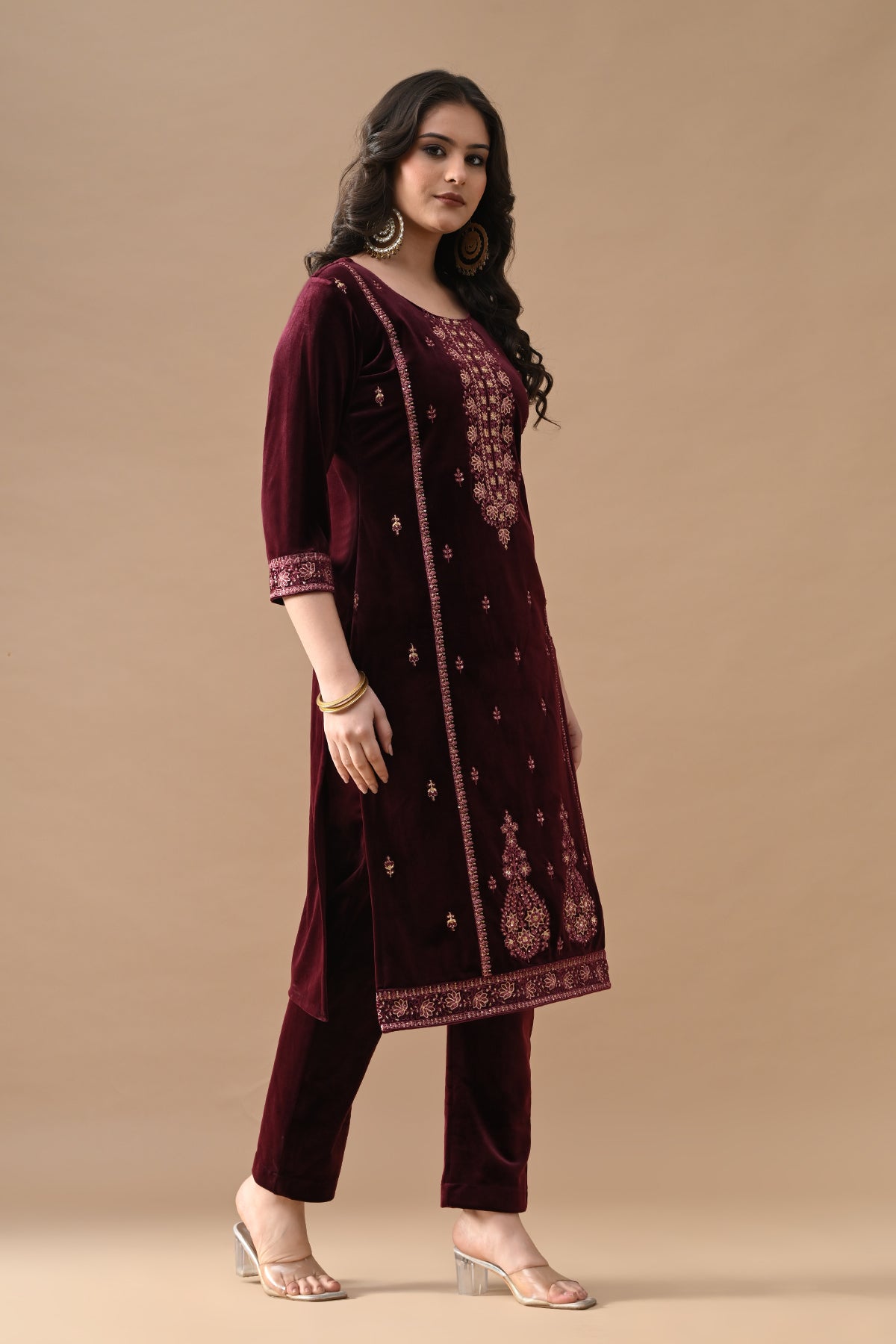 Maroon Embroidered Velvet Kurta 3 Pcs Set