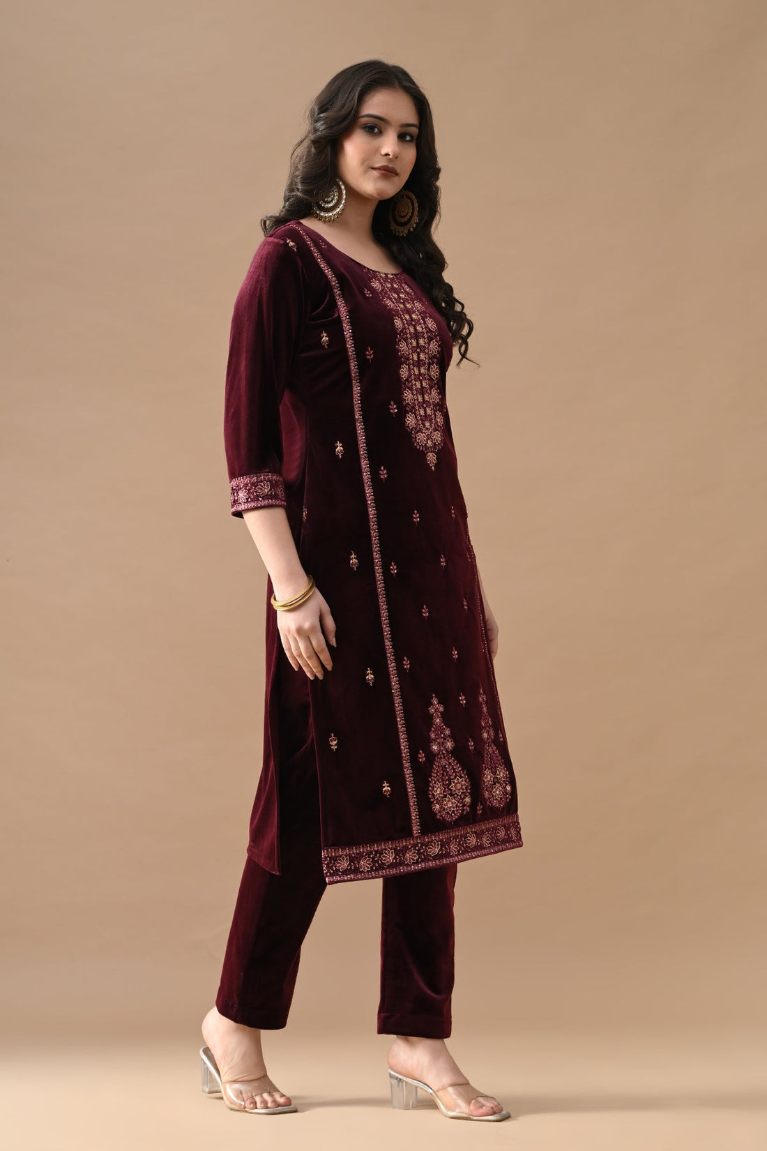 Maroon Embroidered Velvet Kurta 3 Pcs Set