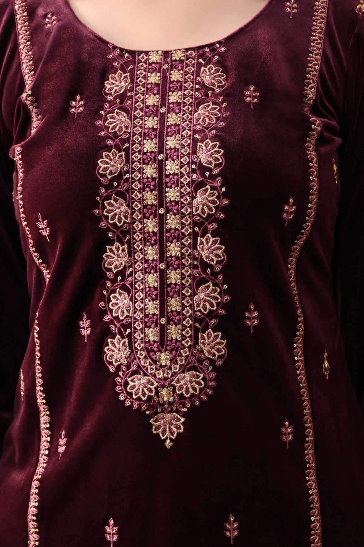 Maroon Embroidered Velvet Kurta 3 Pcs Set