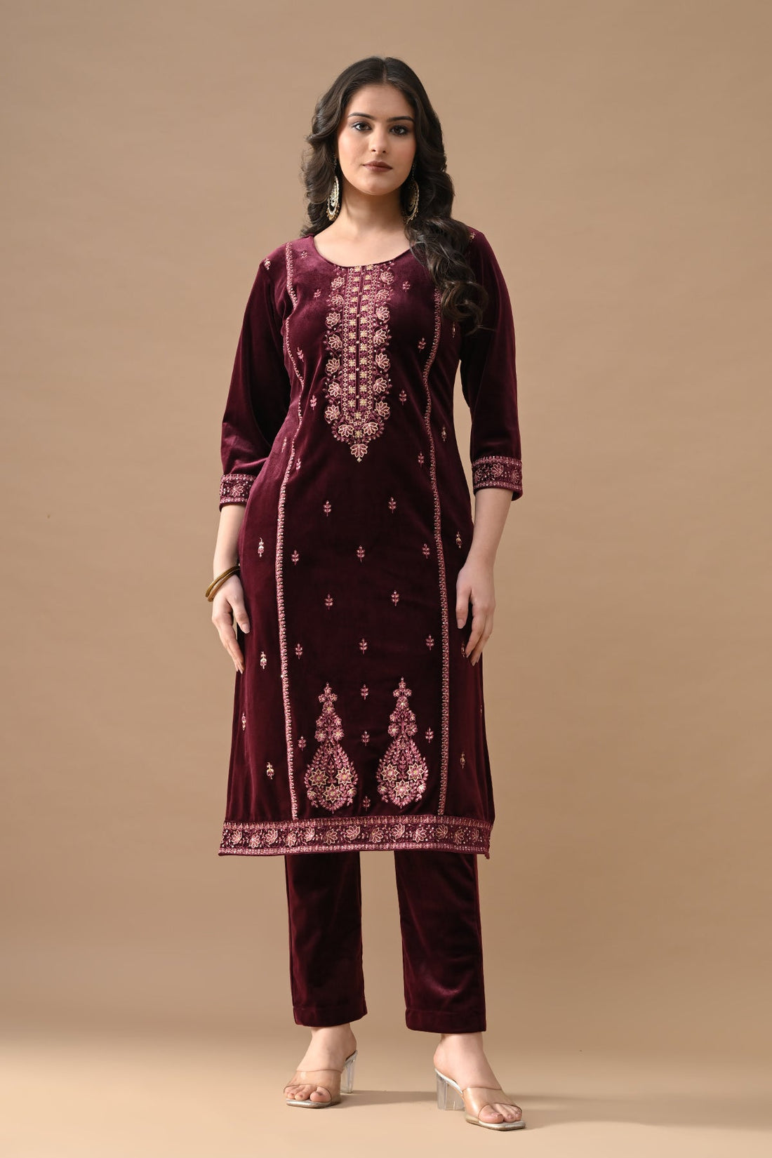 Maroon Embroidered Velvet Kurta 3 Pcs Set