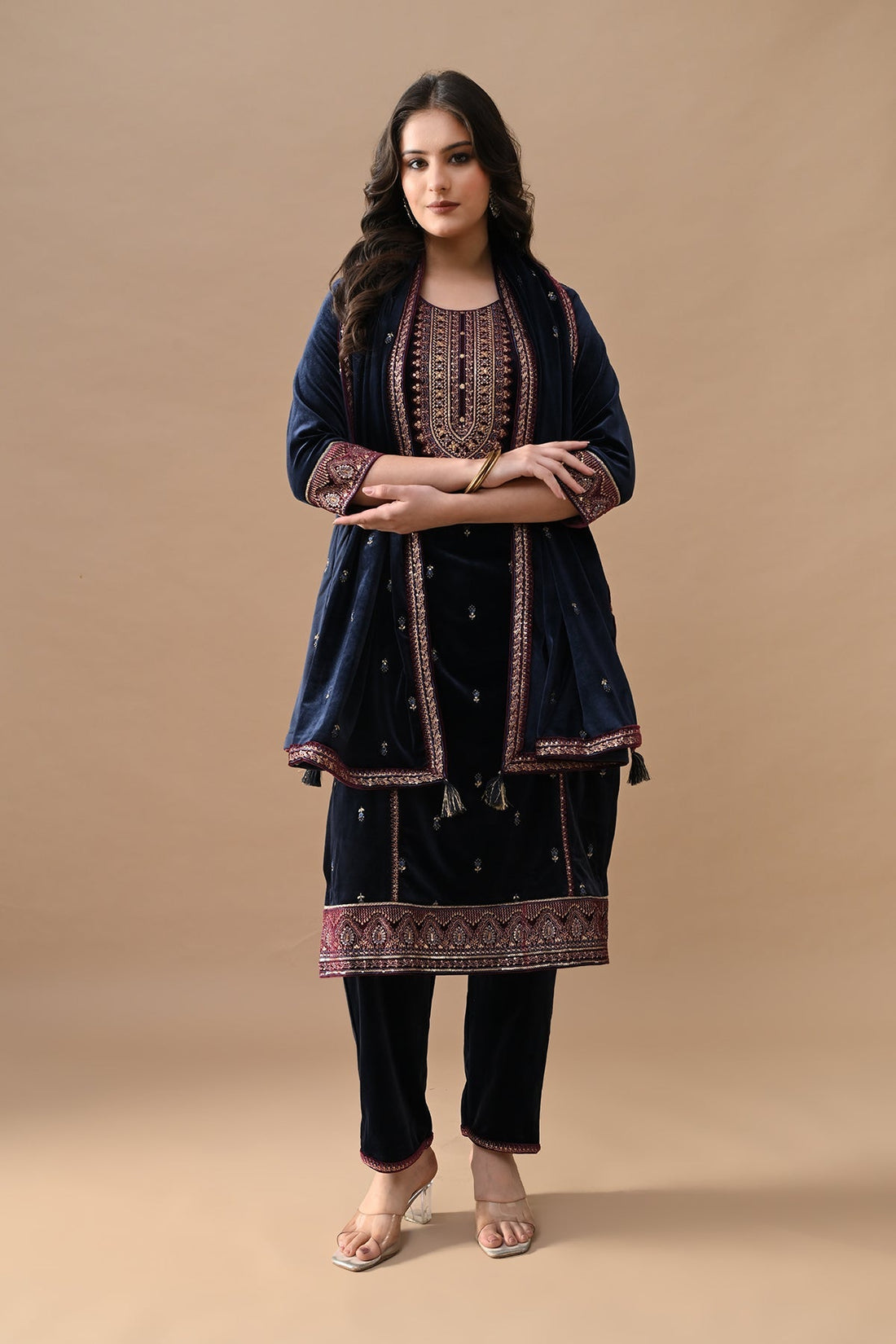 Blue Zari Embroidered Kurta 3 Pcs Set