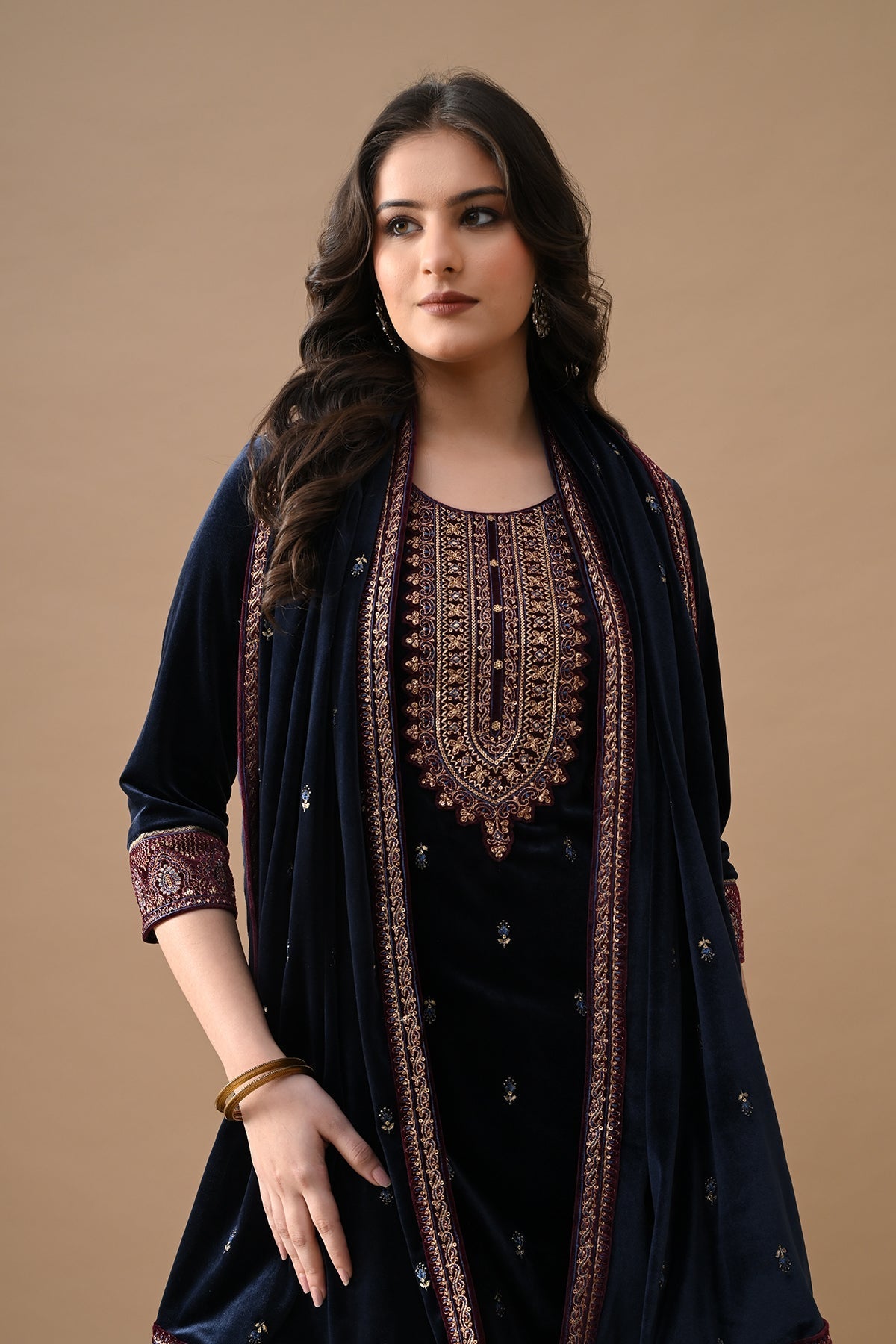 Blue Zari Embroidered Kurta 3 Pcs Set