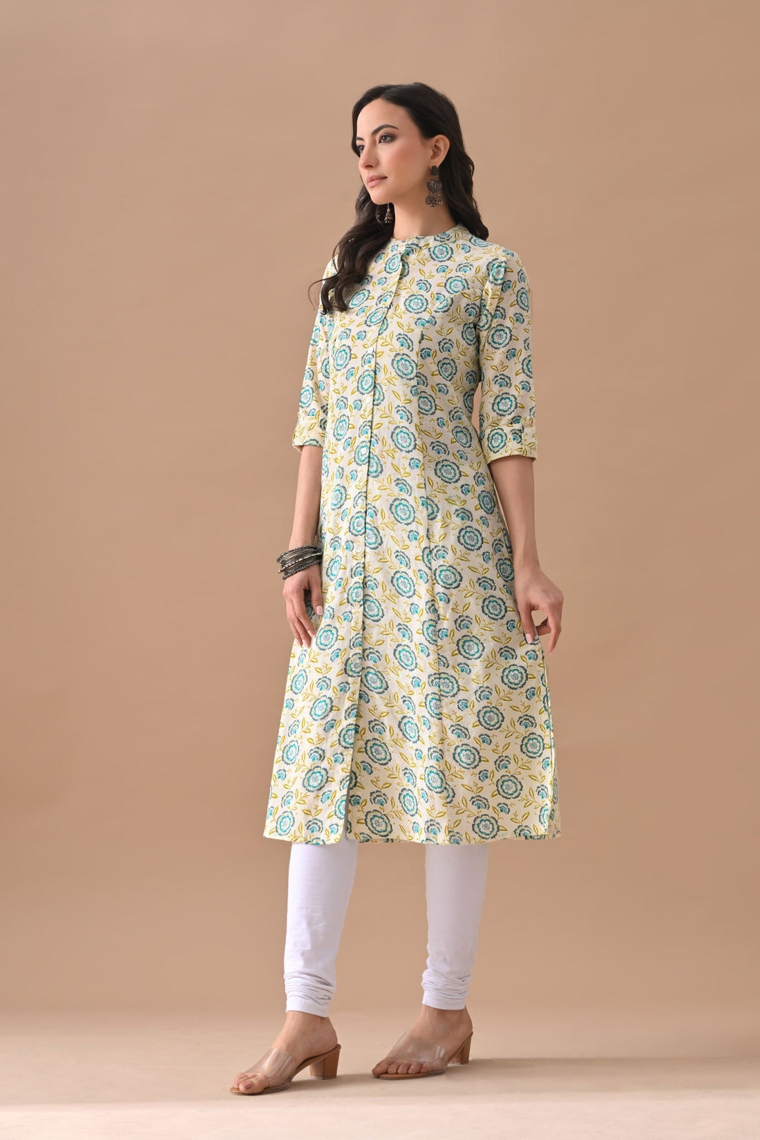 Cream Printed A-line Kurta