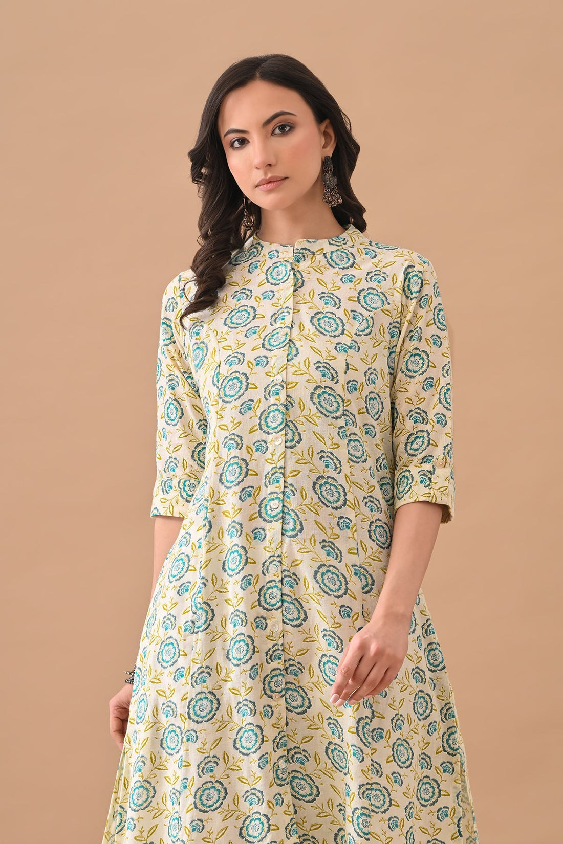 Cream Printed A-line Kurta