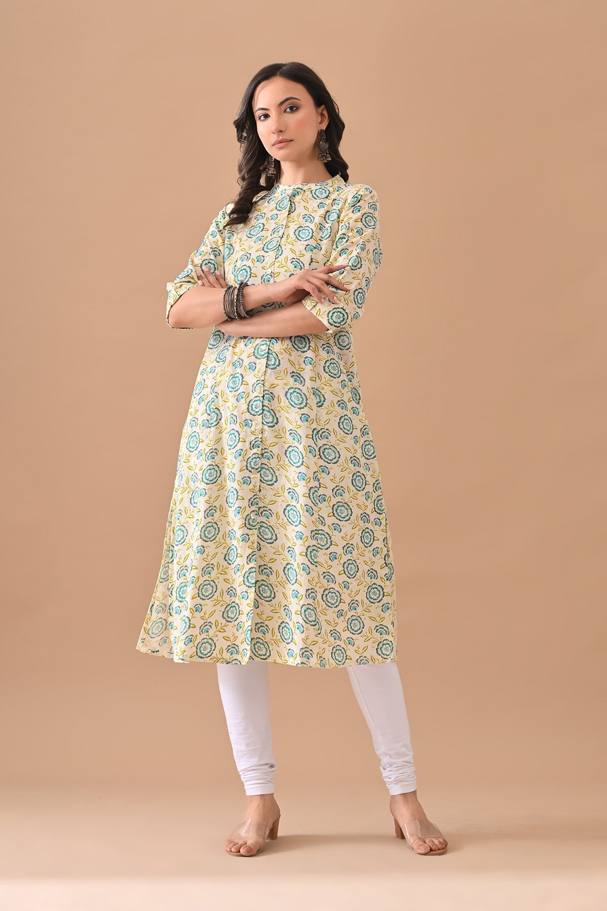Cream Printed A-line Kurta