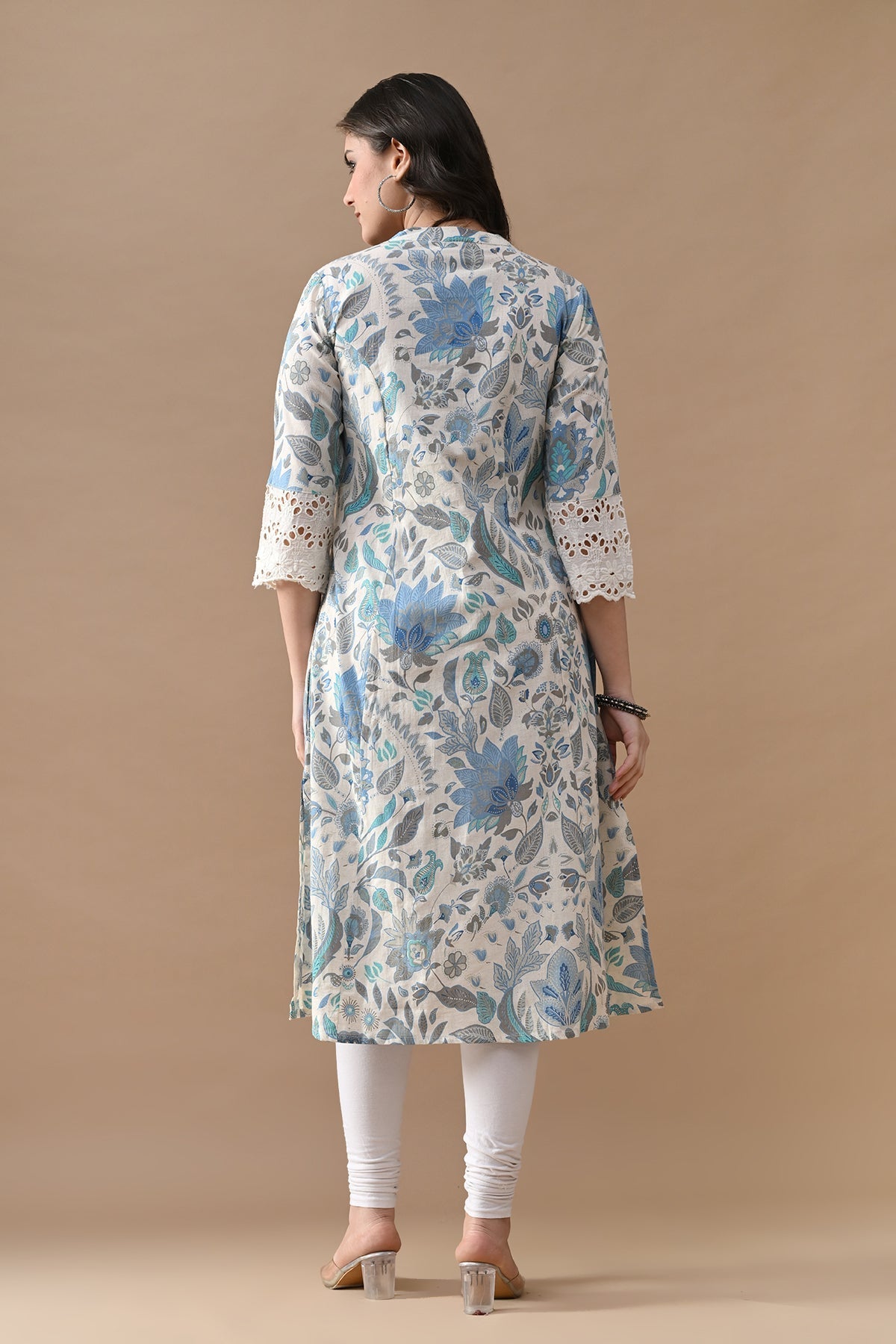 Off White Printed A-line Kurta