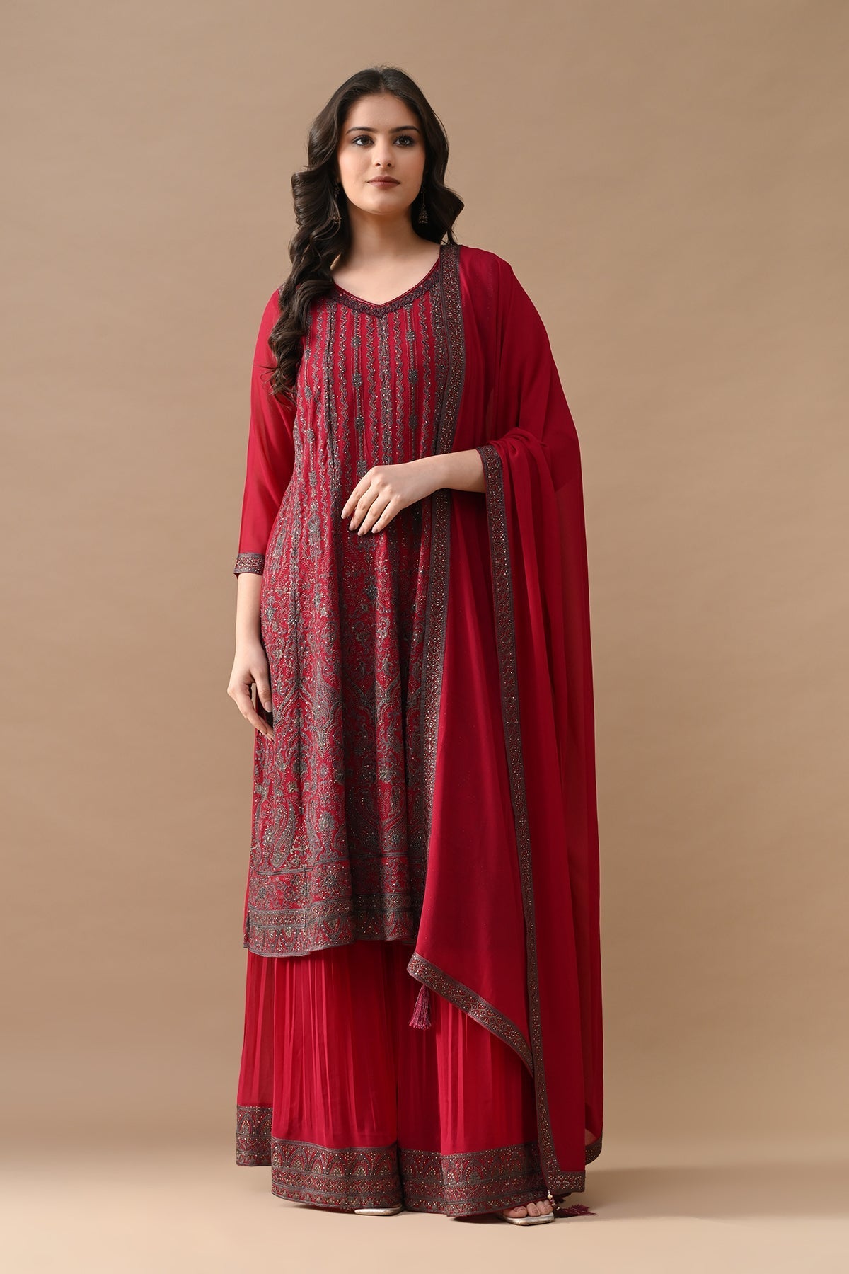 Pink Embroidery Flared Kurta 3 Pcs Set