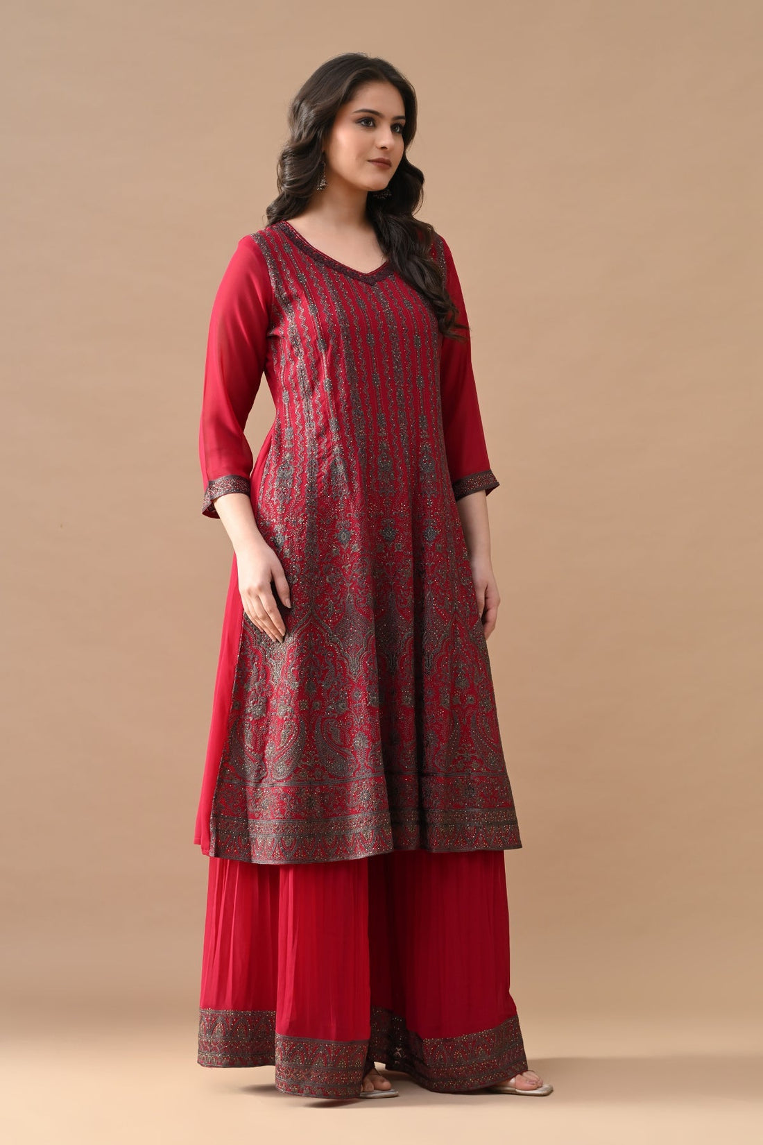 Pink Embroidery Flared Kurta 3 Pcs Set
