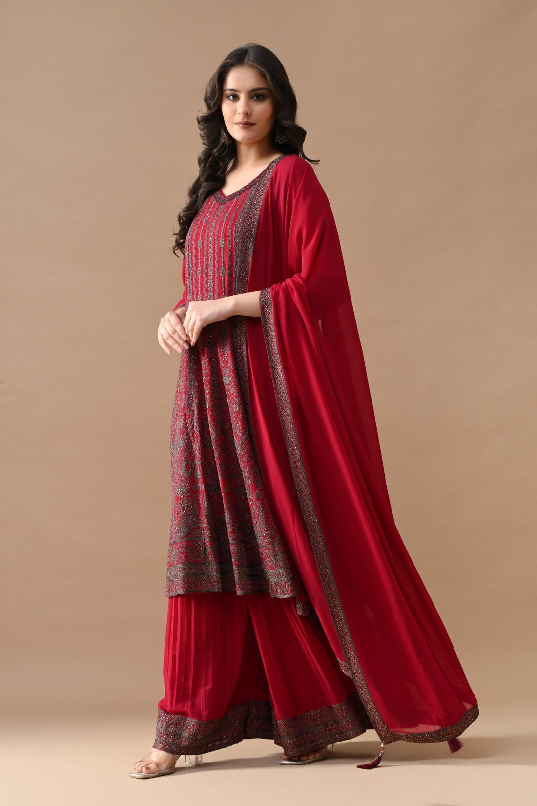 Pink Embroidery Flared Kurta 3 Pcs Set