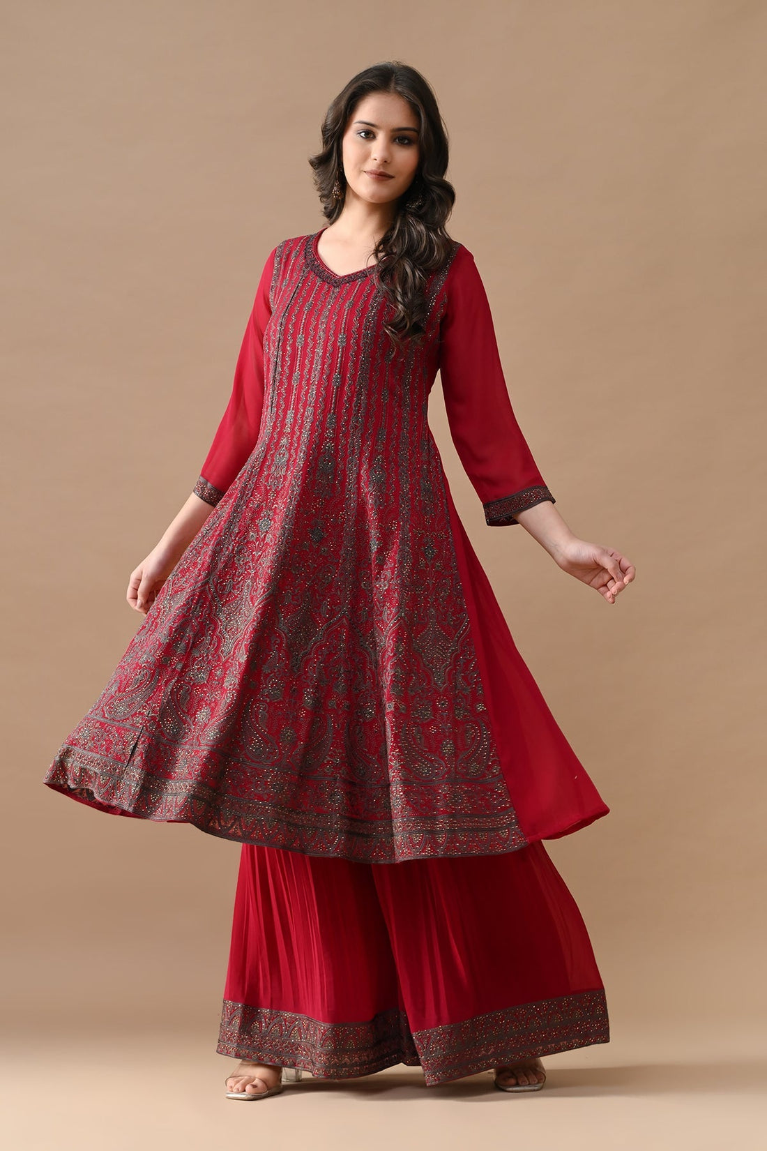 Pink Embroidery Flared Kurta 3 Pcs Set