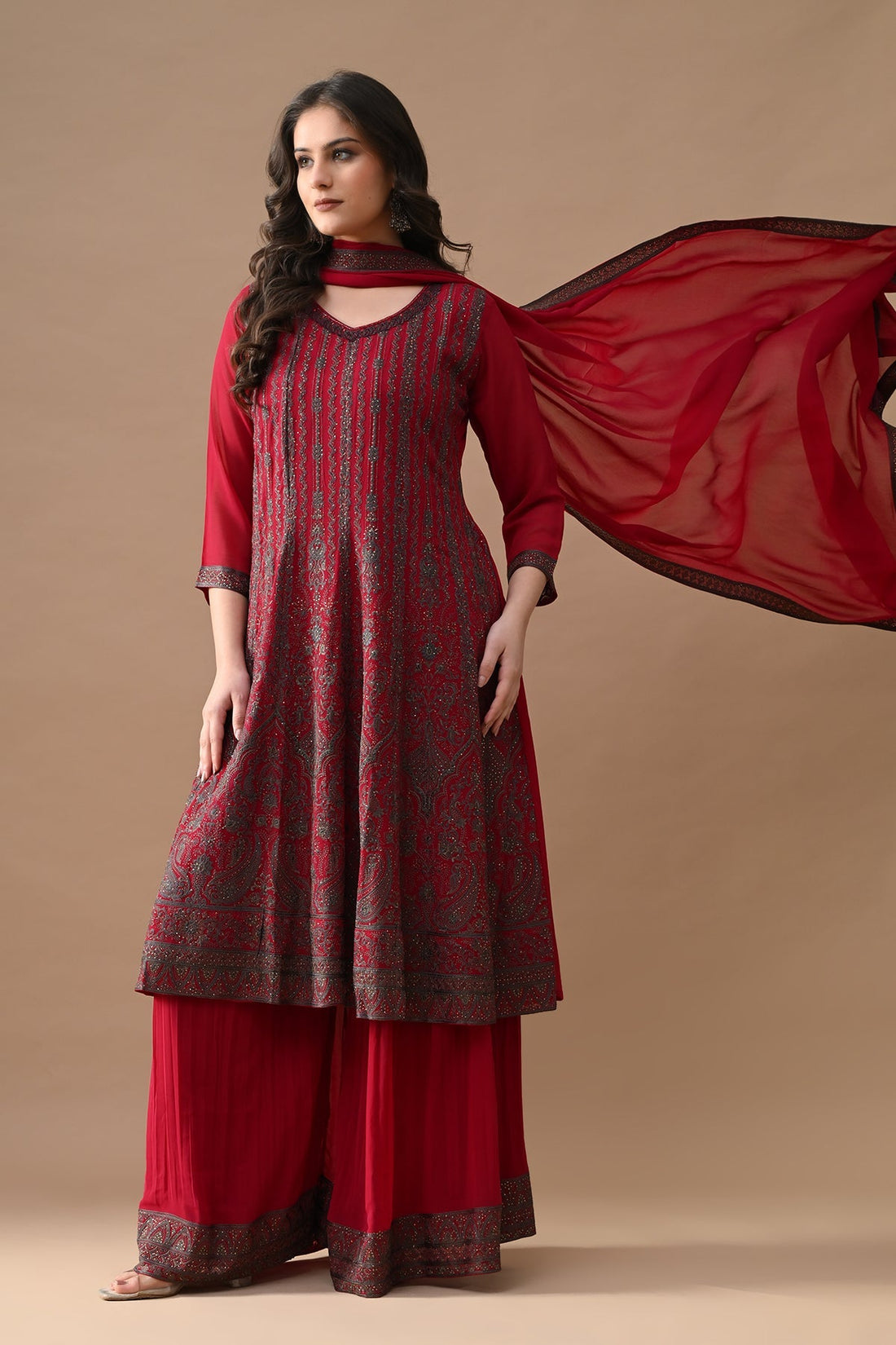 Pink Embroidery Flared Kurta 3 Pcs Set