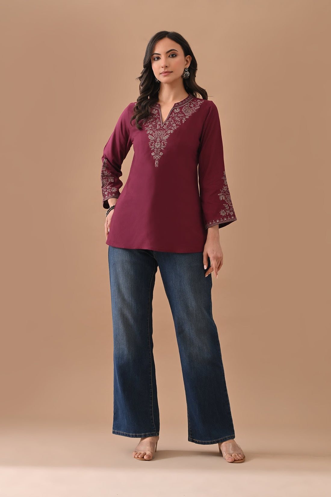 Wine Embroidered Straight Top