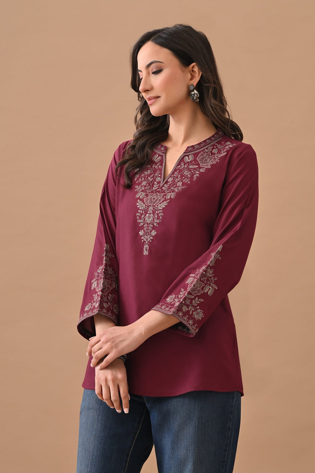 Wine Embroidered Straight Top